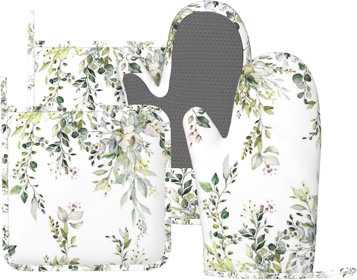 Sage Green Eucalyptus Oven Mitts and Pot Holders Set, 4pcs Silicone Watercolor Butterfly Leaves Oven Glove for Kitchen Heat Resistant Oven Mitts and Potholders Non-Slip for Cooking