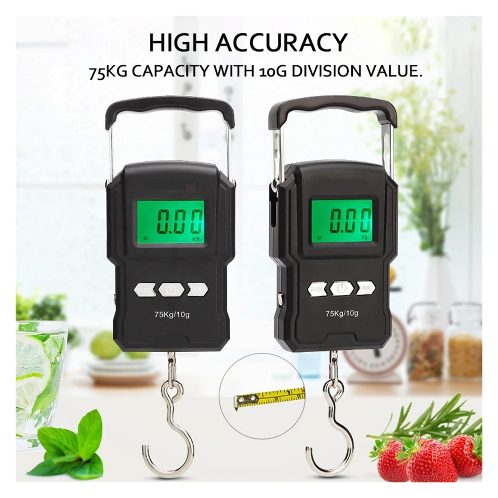 50 kg/5 g/10 g 75 kg/10 elektroniczna waga, wyświetlacz cyfrowy LCD, hak wiszący, z taśmą mierniczą do wędkowania i podróży dla rynku, budownictwa(50Kg 5g 10g)