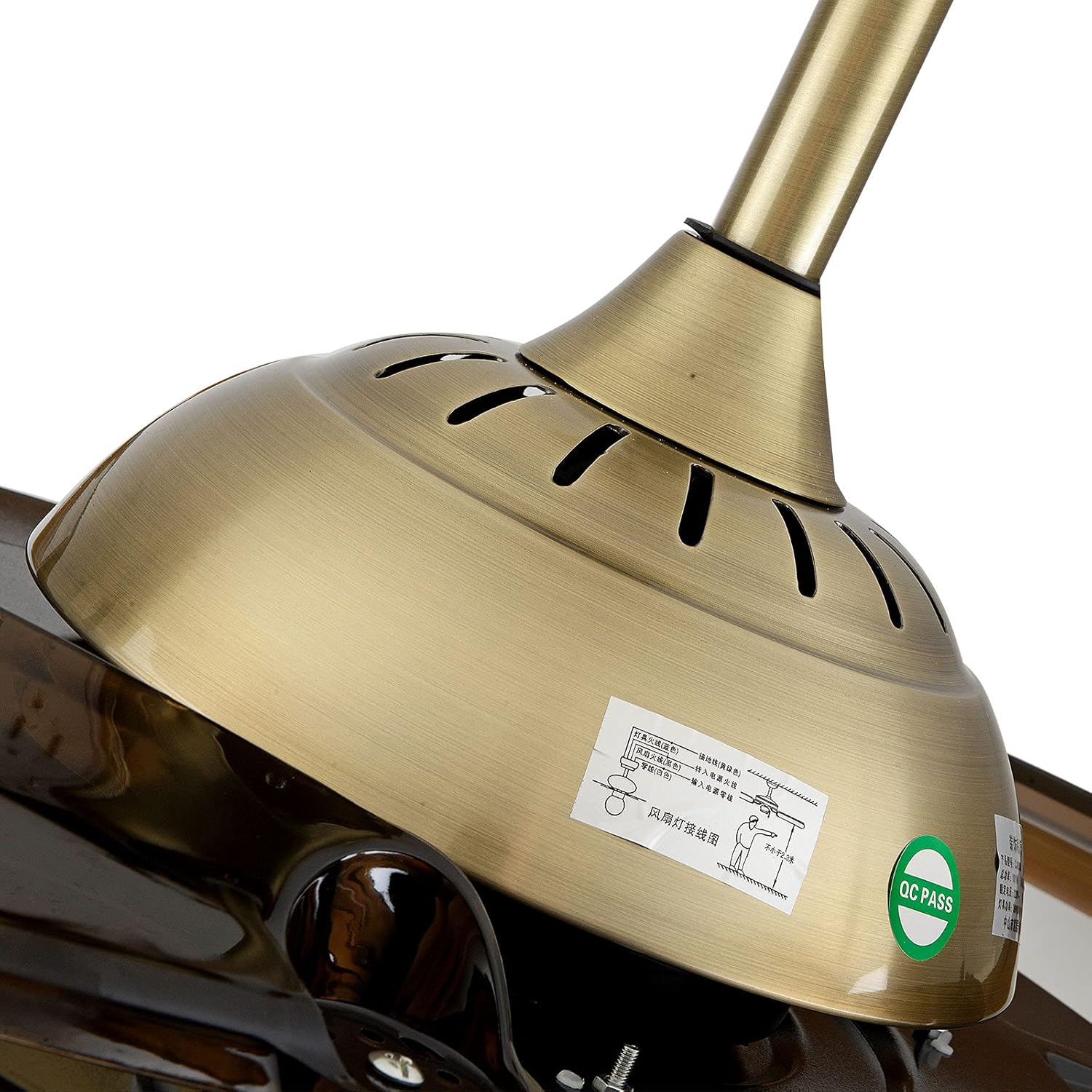 Close-up of the fan's canopy and downrod assembly, showing the secure connection points.