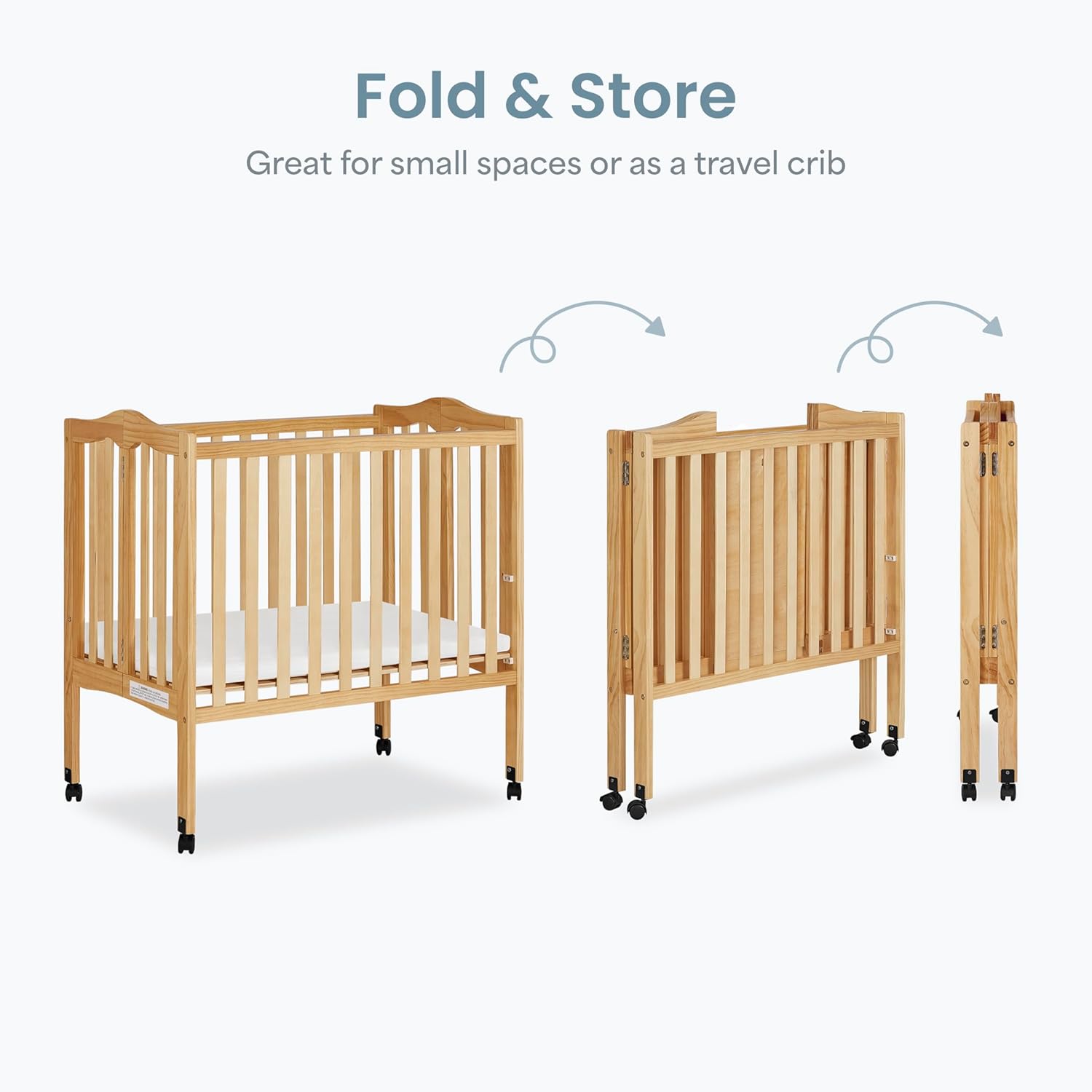 Dream On Me 2-in-1 Lightweight Quick Fold Portable Compact Mini Baby Crib in Natural, GreenGuard Gold & BSA, Patented Flat-Folding, Converts to Playpen in Seconds, Locking Wheels, 1″ Mattress Pad