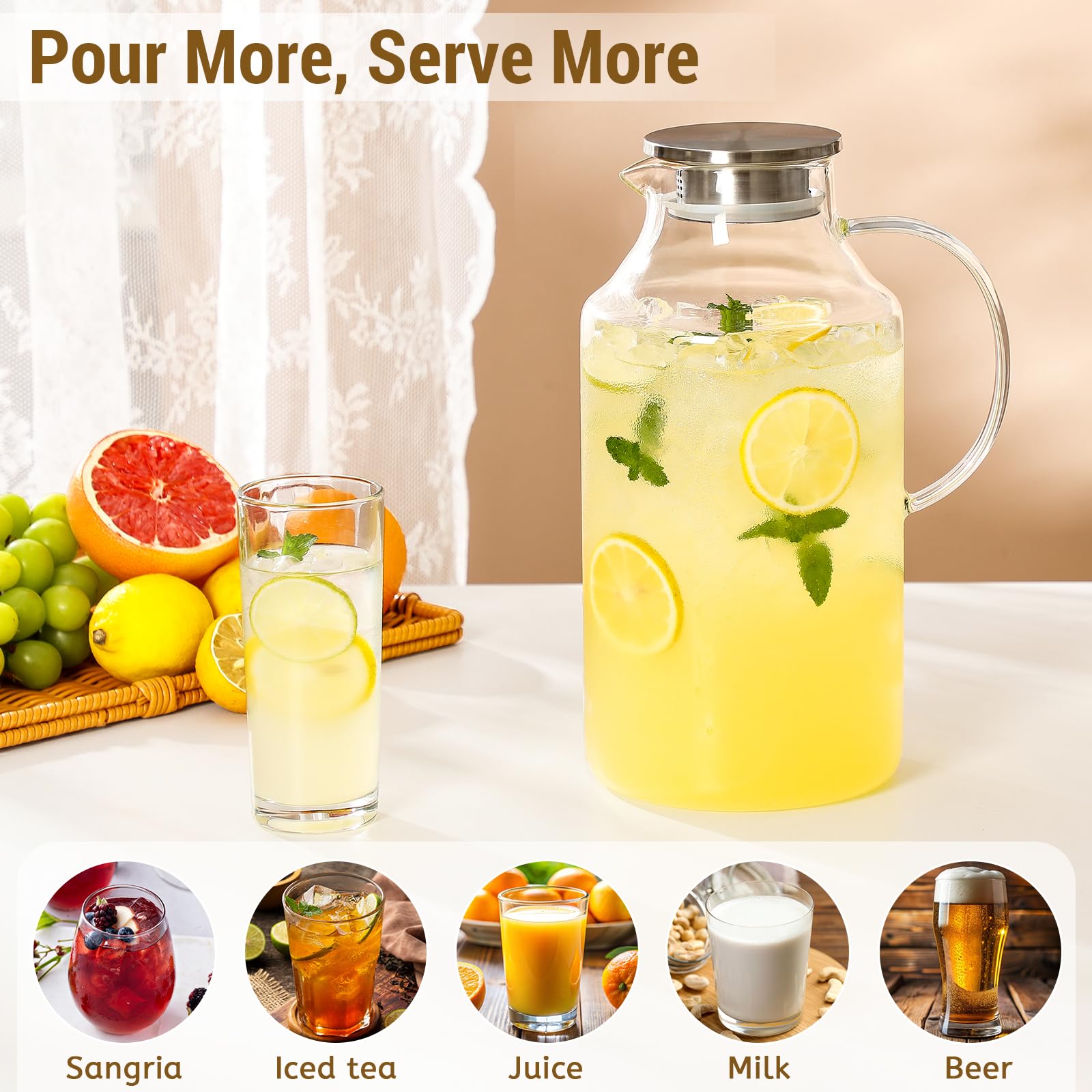 Jarra de vidrio grueso de 1 galón con tapa y boquilla, jarra de vidrio de borosilicato para bebidas calientes/frías, jarras de agua para refrigerador, jarra extragrande con asa para té helado, café