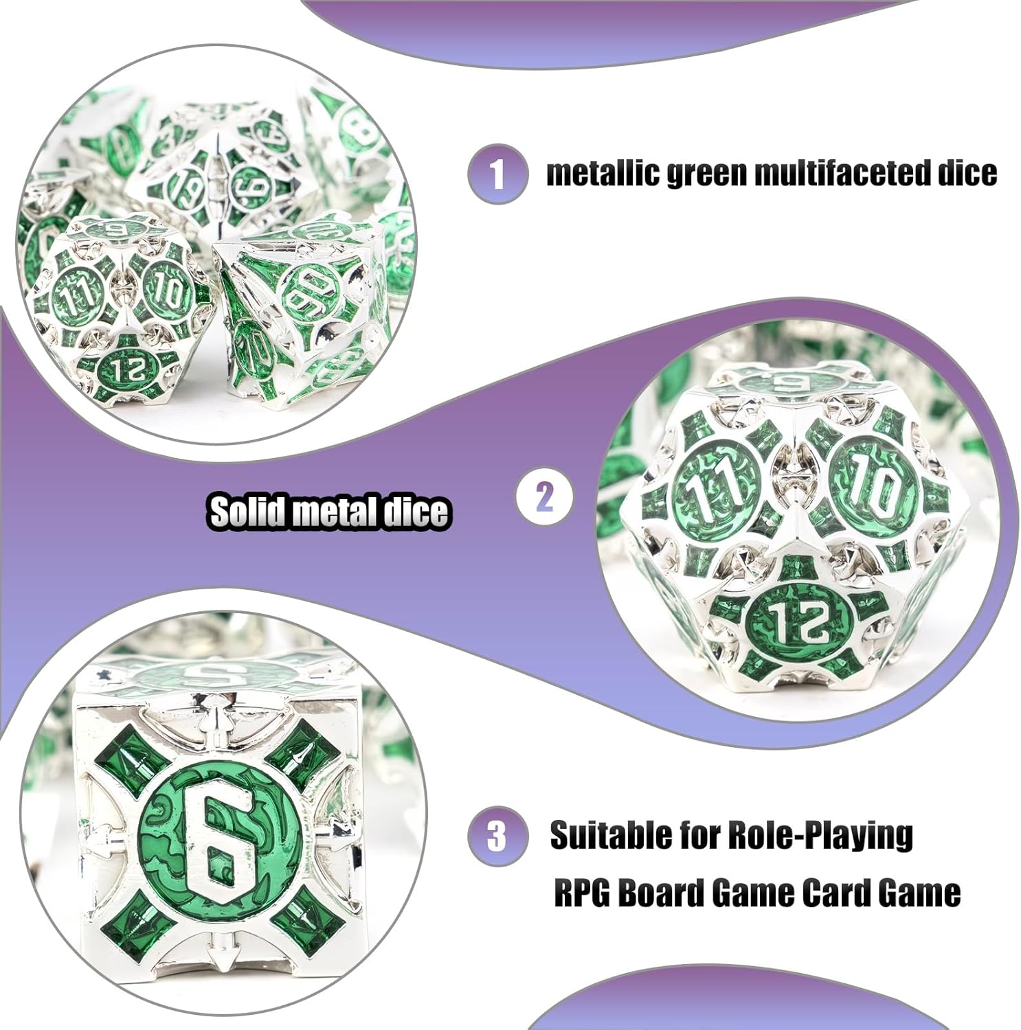 A Set of 7 Metallic Green Multifaceted Dice, Compatible with Role Playing RPG Board Game Card Game
