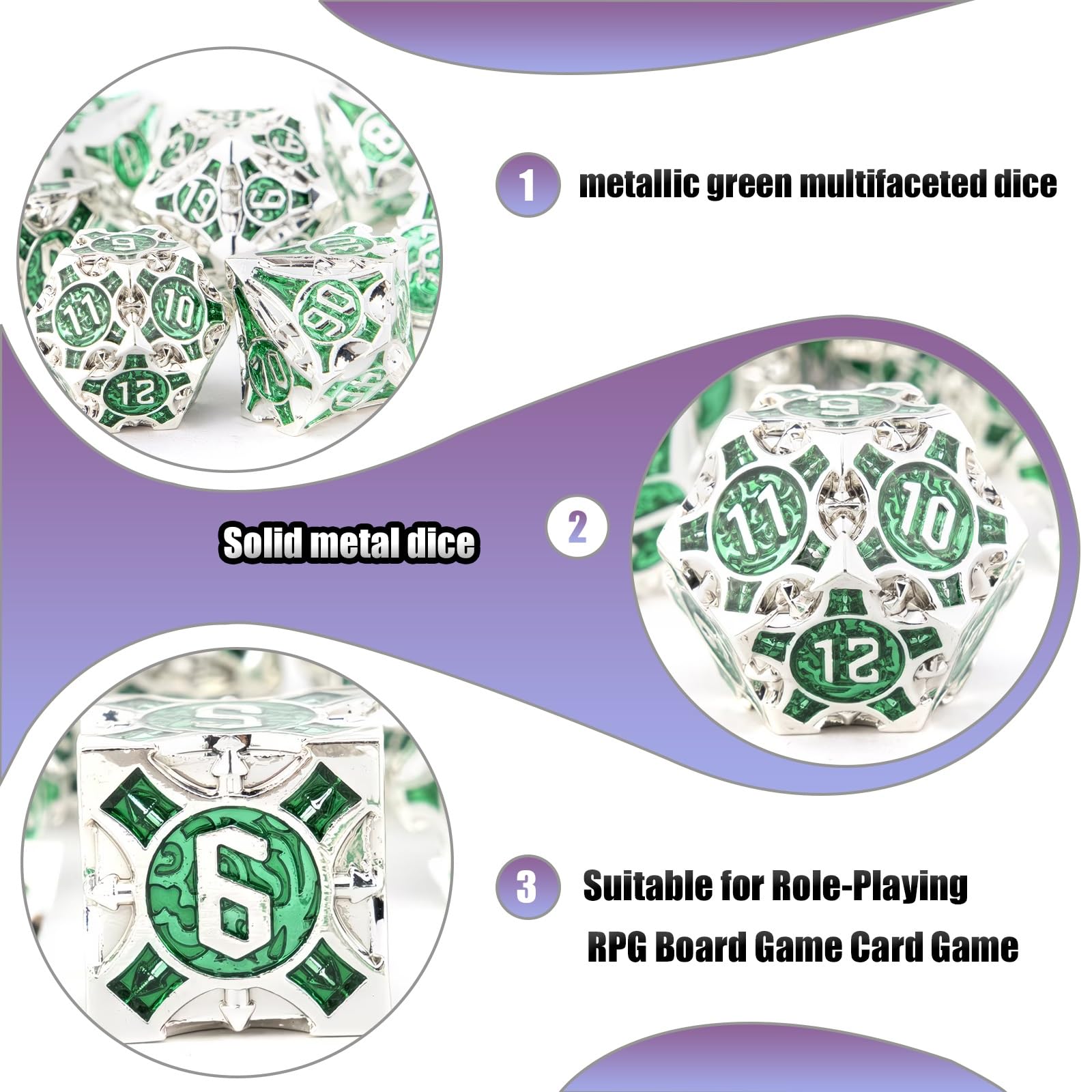 Un Ensemble de 7 Dés Métalliques Verts à Multiples Facettes, Compatibles avec Les Jeux de Rôle, Les Jeux de Société et Les Jeux de Cartes