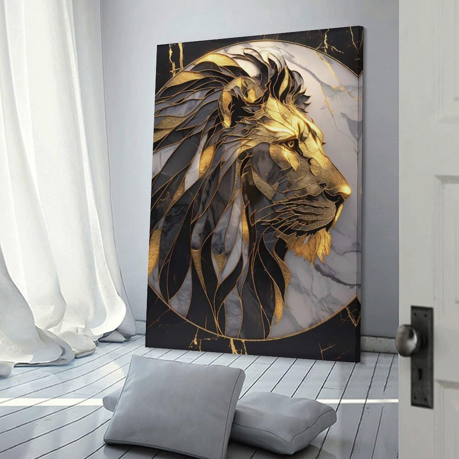 Junmoney Frame-Style-23 Golden Lion Marble Art Wall Picture Print 20X30inch(50X75cm), For Calm Bedrooms, Home Corners Or Flats, Home Artwork With A Soft Interior Feel