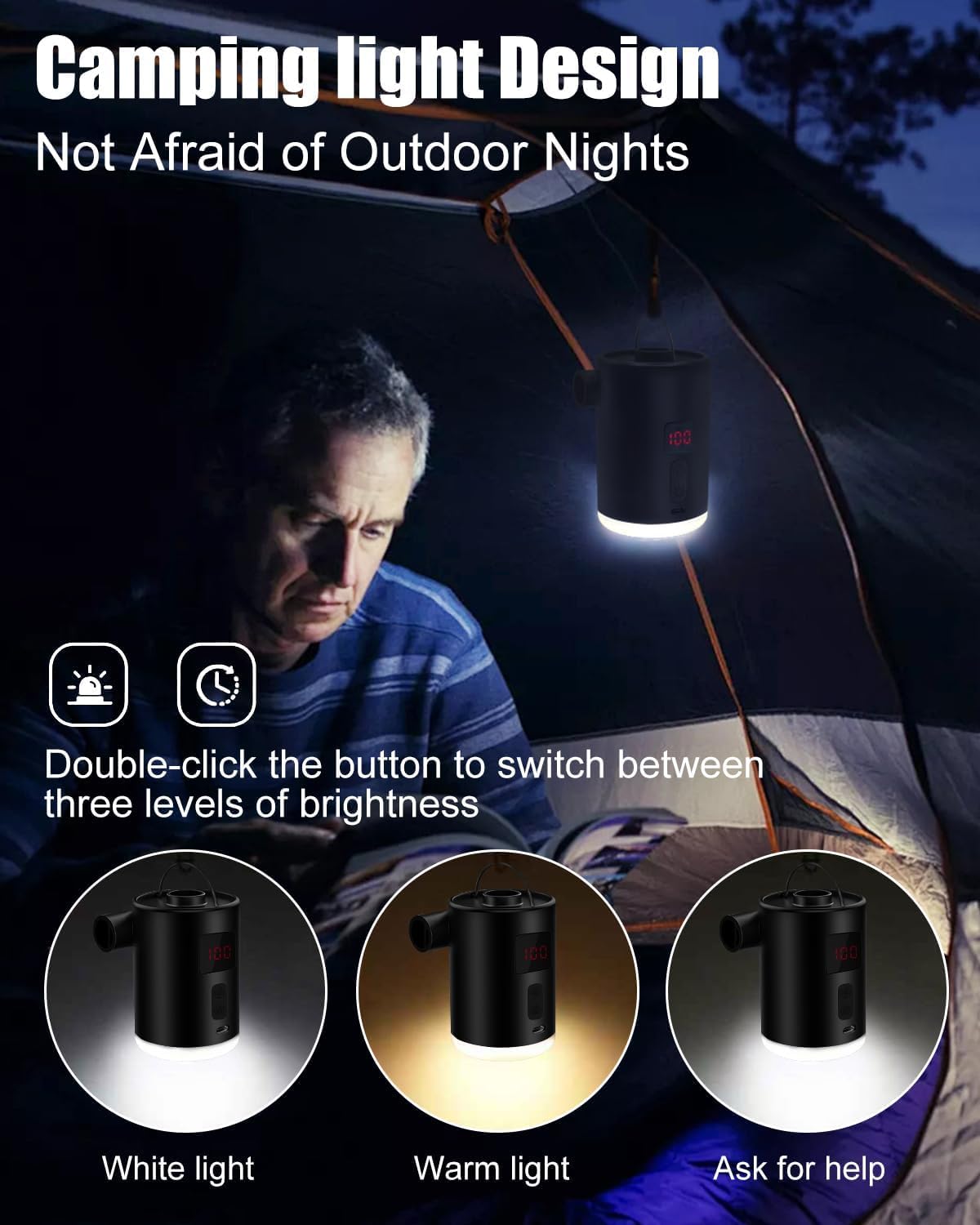 Pompa ad aria elettrica da 4000 mAh, batteria ricaricabile con 3 ugelli, gonfiatore elettrico portatile, con sorgente luminosa, può essere appesa, adatta per piscine gonfiabili per barche, materassi