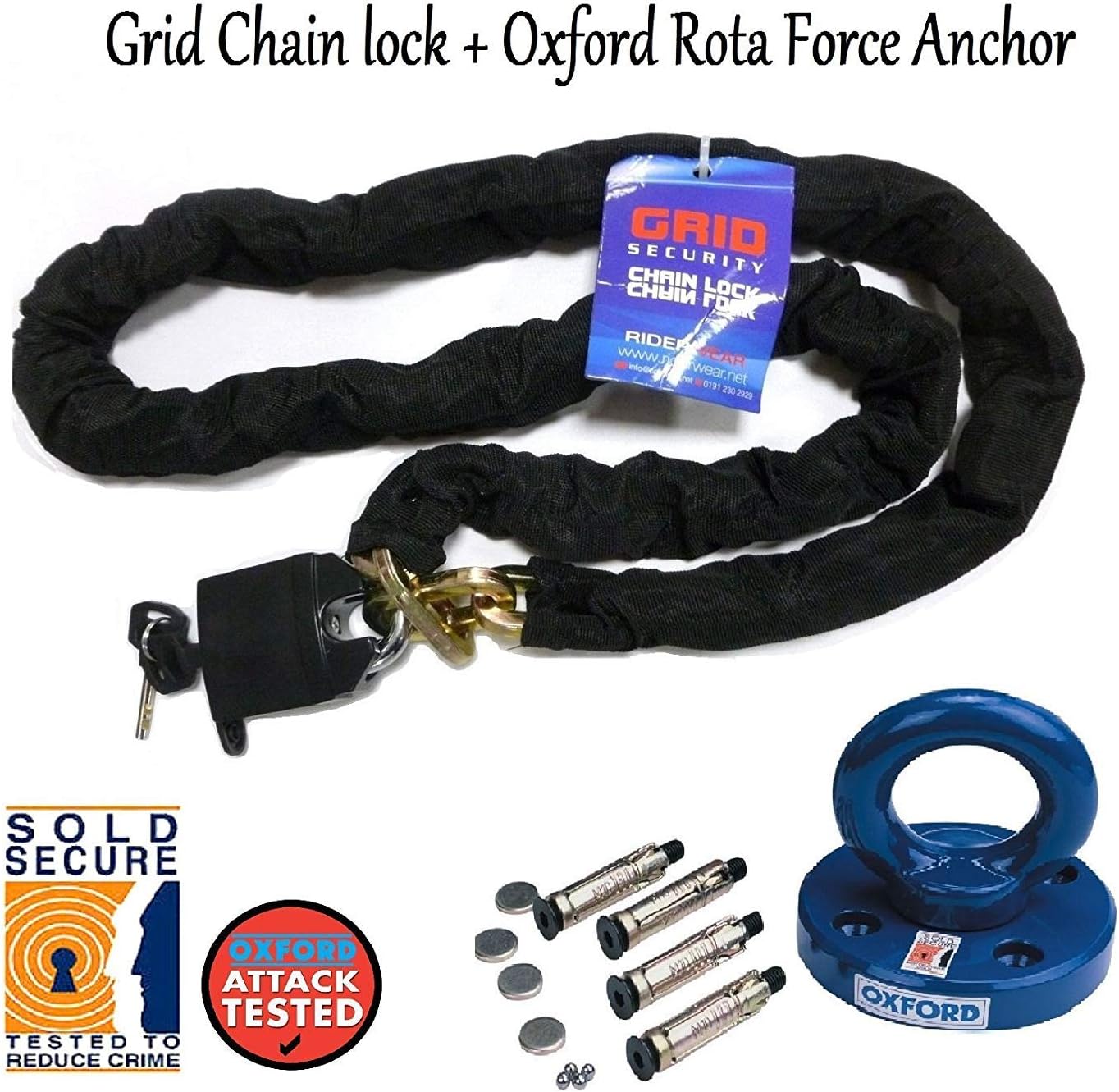 MOTORBIKE GRID HEAVY DUTY SAFETY 1.8M CHAIN LOCK & Motorcycle Security Oxford Rota Force Ground Anchor