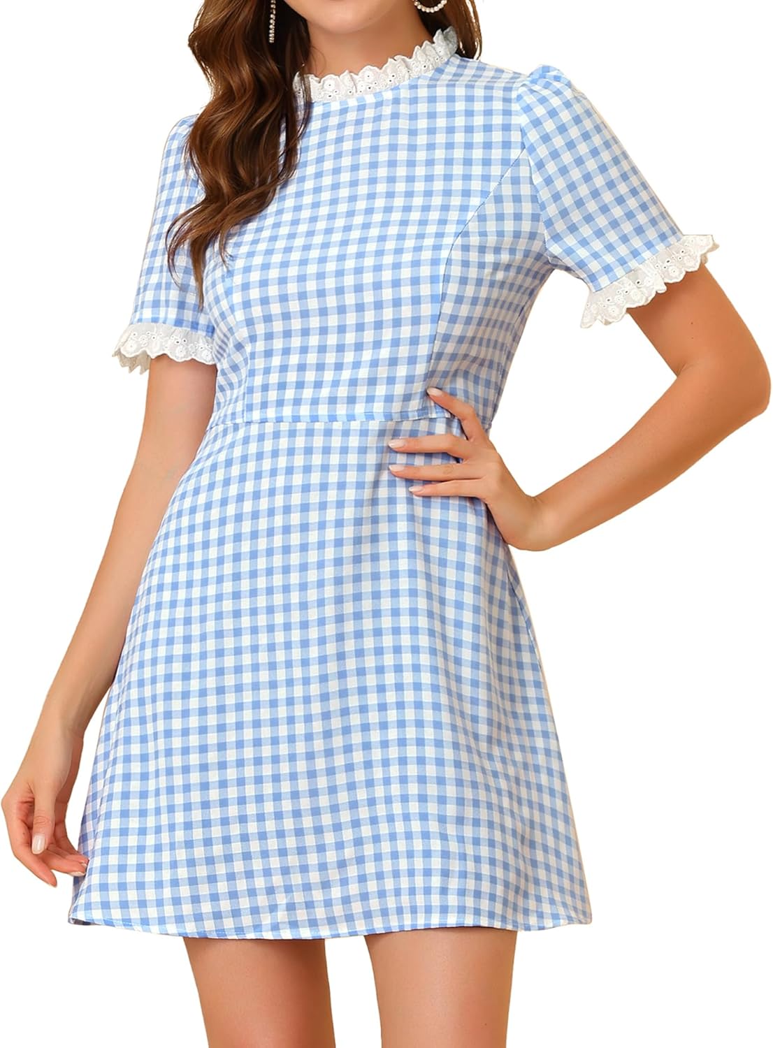 Allegra K Women Gingham Dress Summer Short Sleeve Crew Neck Lace Panel Plaid Mini Dresses Halloween Dorothy Costume