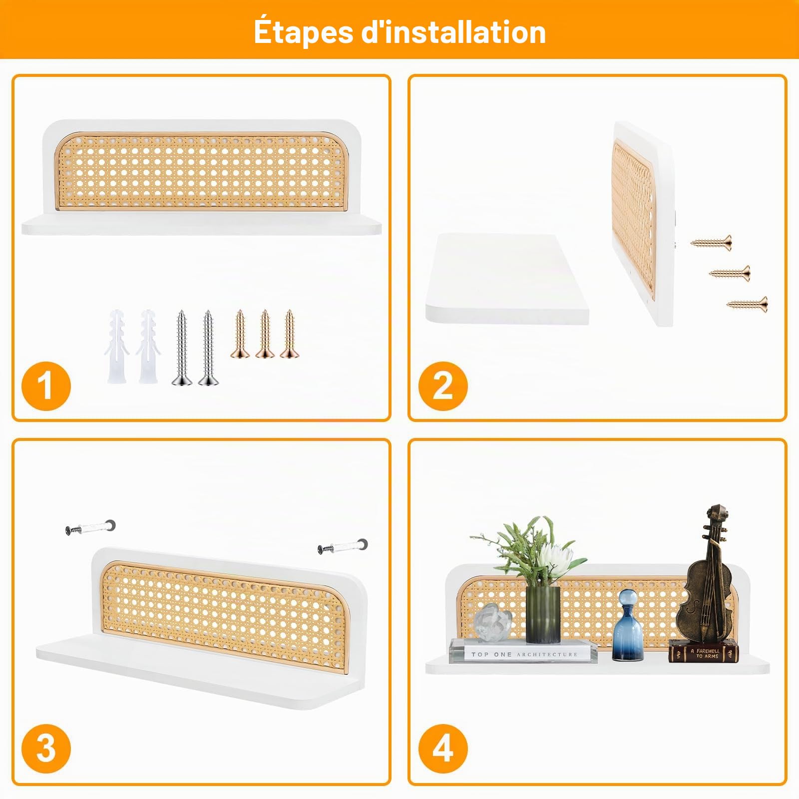 Lot de 2 étagères murales flottantes en rotin faites à la main pour salon, chambre d'enfant, chambre à coucher