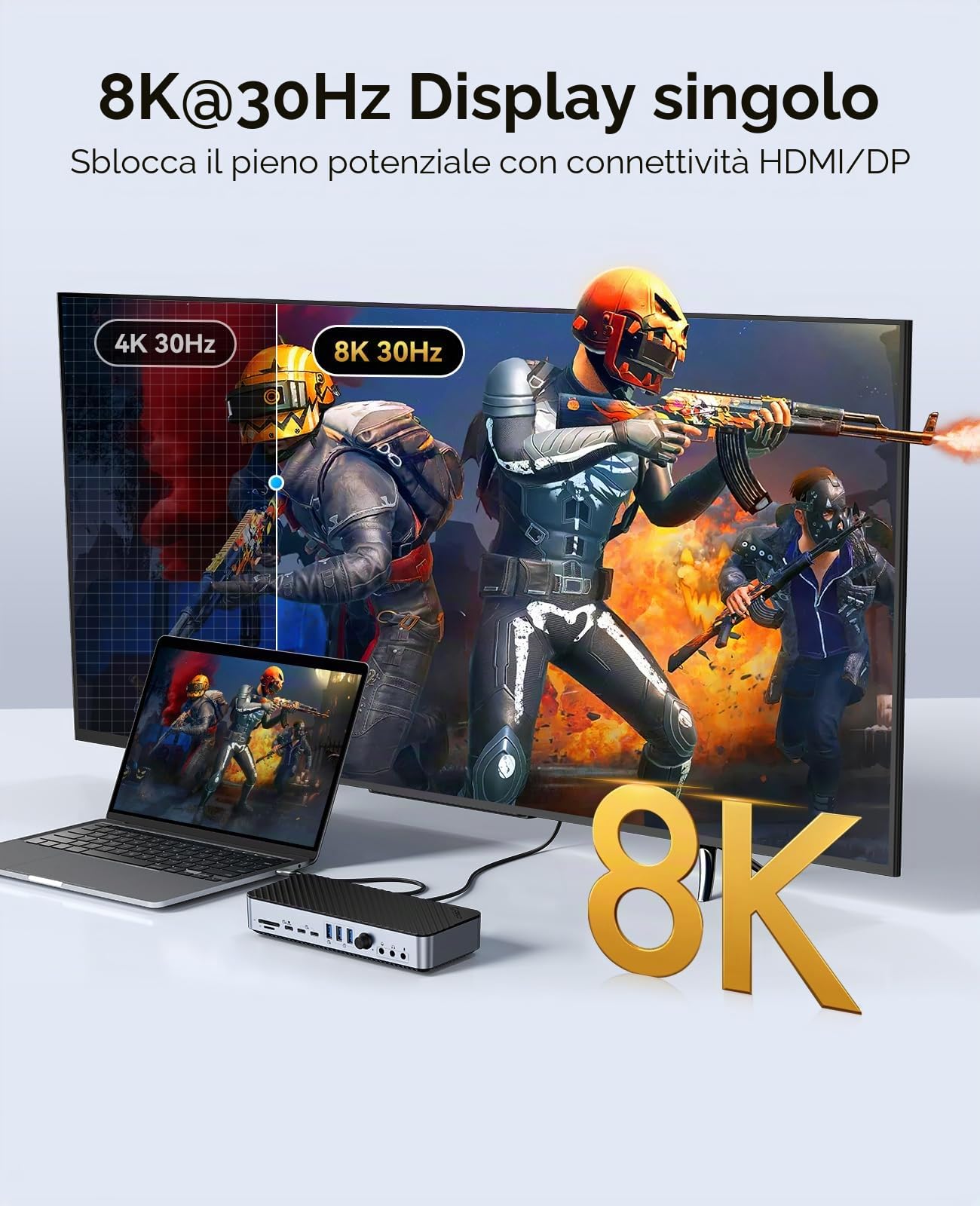 ORICO 22 IN 1 Docking Station DisplayLink, Hub USB C a Quattro Display con 3 DP/HDMI, Uscita Singola 8K, 60W PD, USB C 3.2 18W PD, 2 Tipo C 3.2, Tipo A 3.2, 3 USB A 3.0, RJ45, 3 AUX