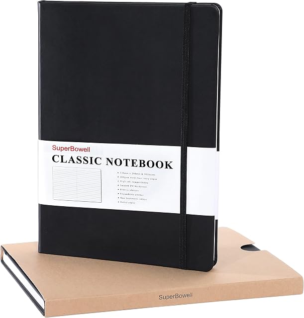 SuperBowell A4 Executive Notebook, X-Large Journal 8.5 x 11.6 inches,Hardcover Notebooks with Premium Leather,College Ruled Journals,100GSM Lined Thick Paper ,192 Pages (Ruled,Black)