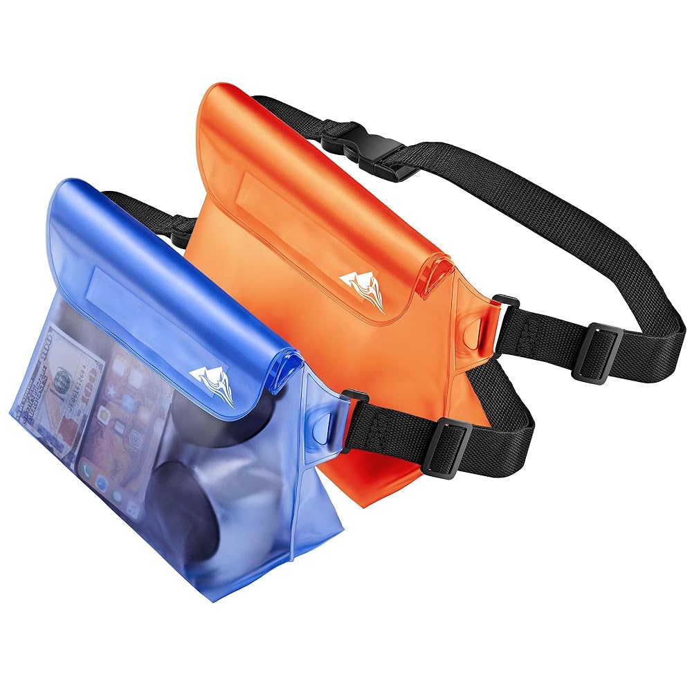 HEETA 2-Pack Waterproof Pouch with Waist Strap, Screen Touchable Dry Bag with Adjustable Belt for Phone Valuables for Kayaking Swimming Snorkeling Boating Fishing Surfing Beach (Orange & Blue)