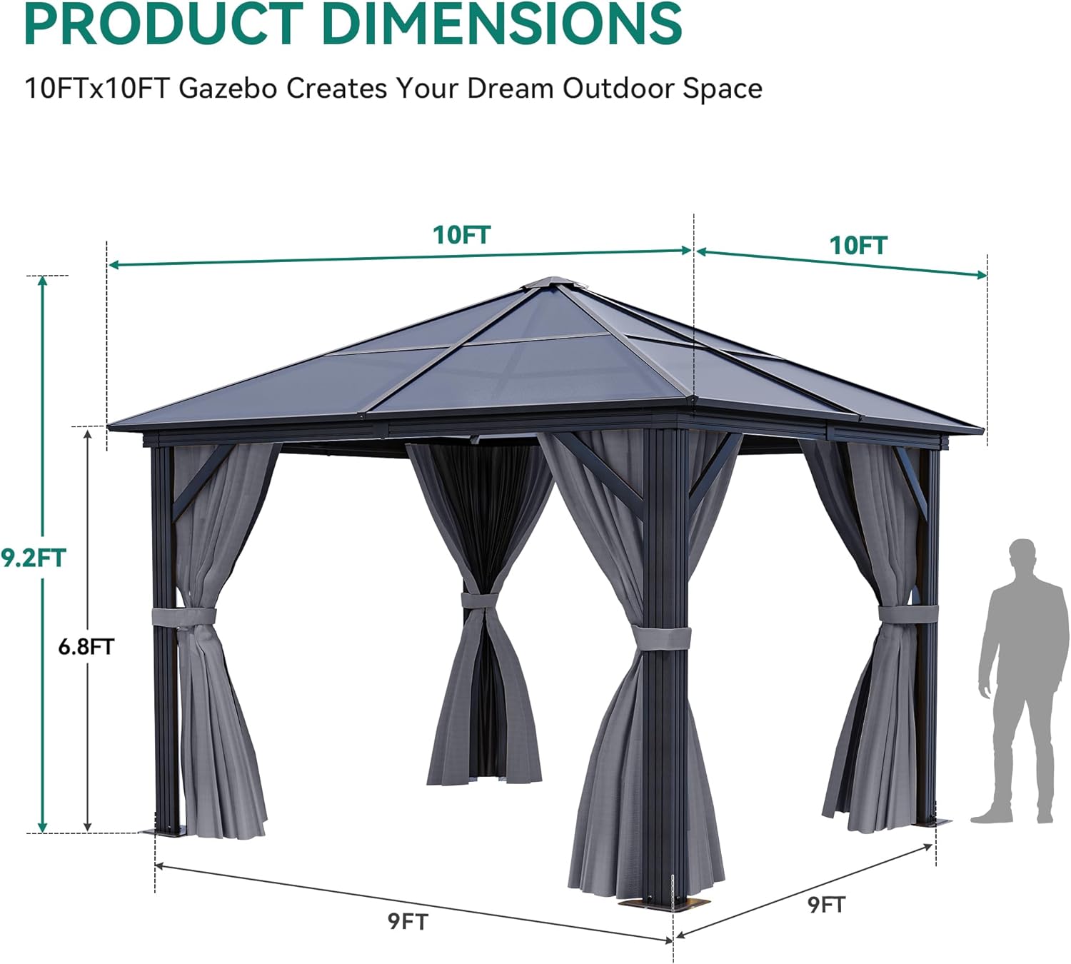 YITAHOME 10x10ft Gazebo Hardtop Outdoor Polycarbonate Canopy with Netting and Shaded Curtains, Aluminum Frame Garden Tent for Patio, Backyard, Deck and Lawns