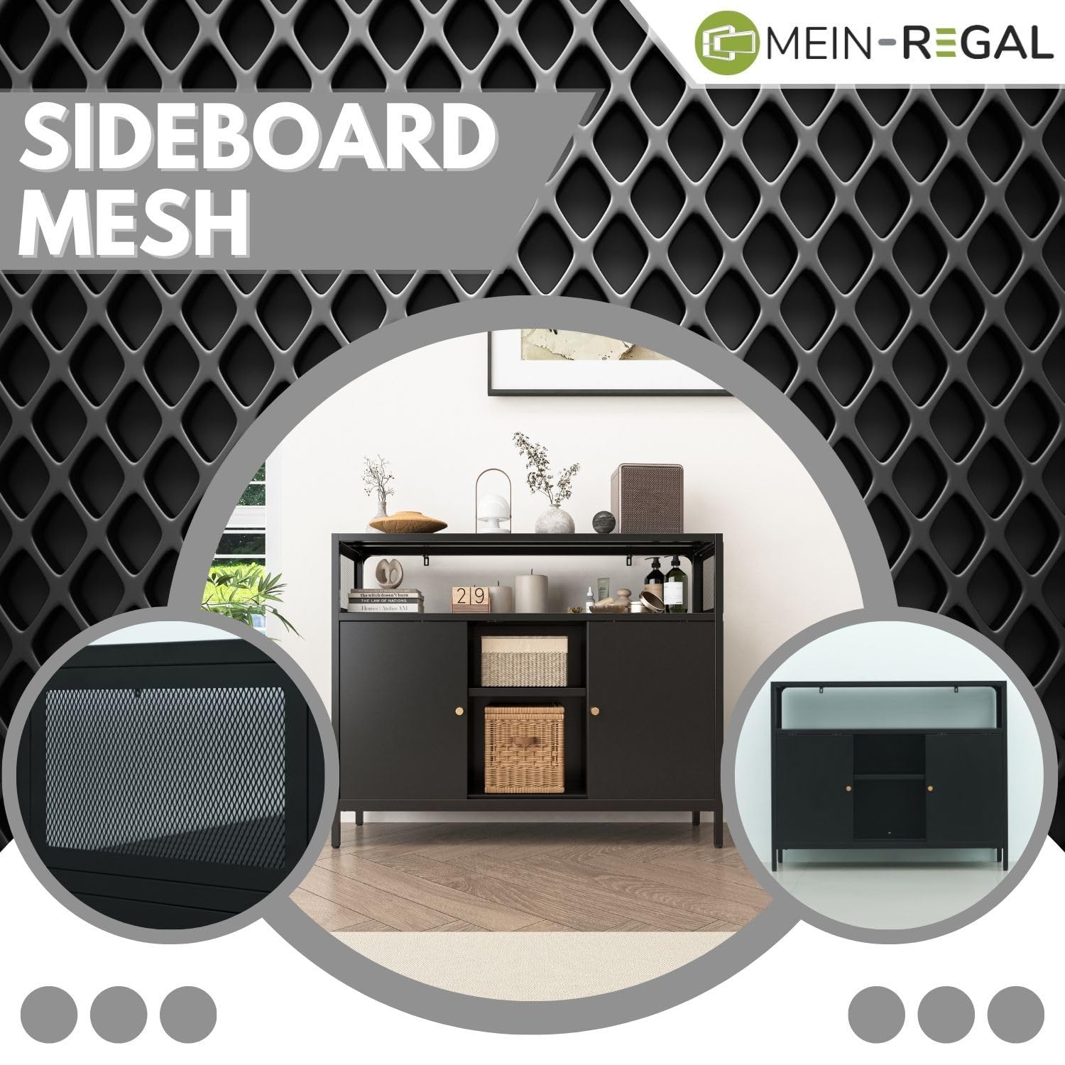 Sideboard Mesh, schwarz, schmale Kommode aus Metall, Büro