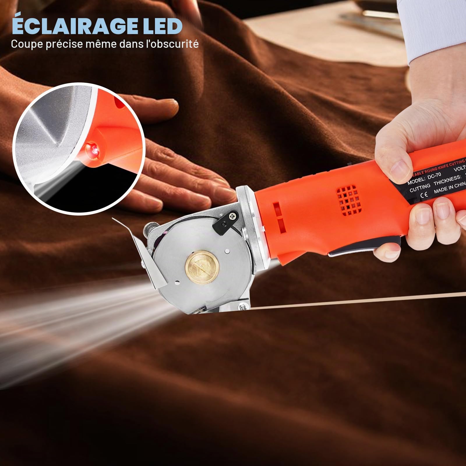 MXBAOHENG ciseaux à tissu sans fil électrique coupe ronde épaisseur de coupe maximale 25mm pour couper le tissu/tapis/cuir/caoutchouc/carton (2 piles 2 lames, Orange)