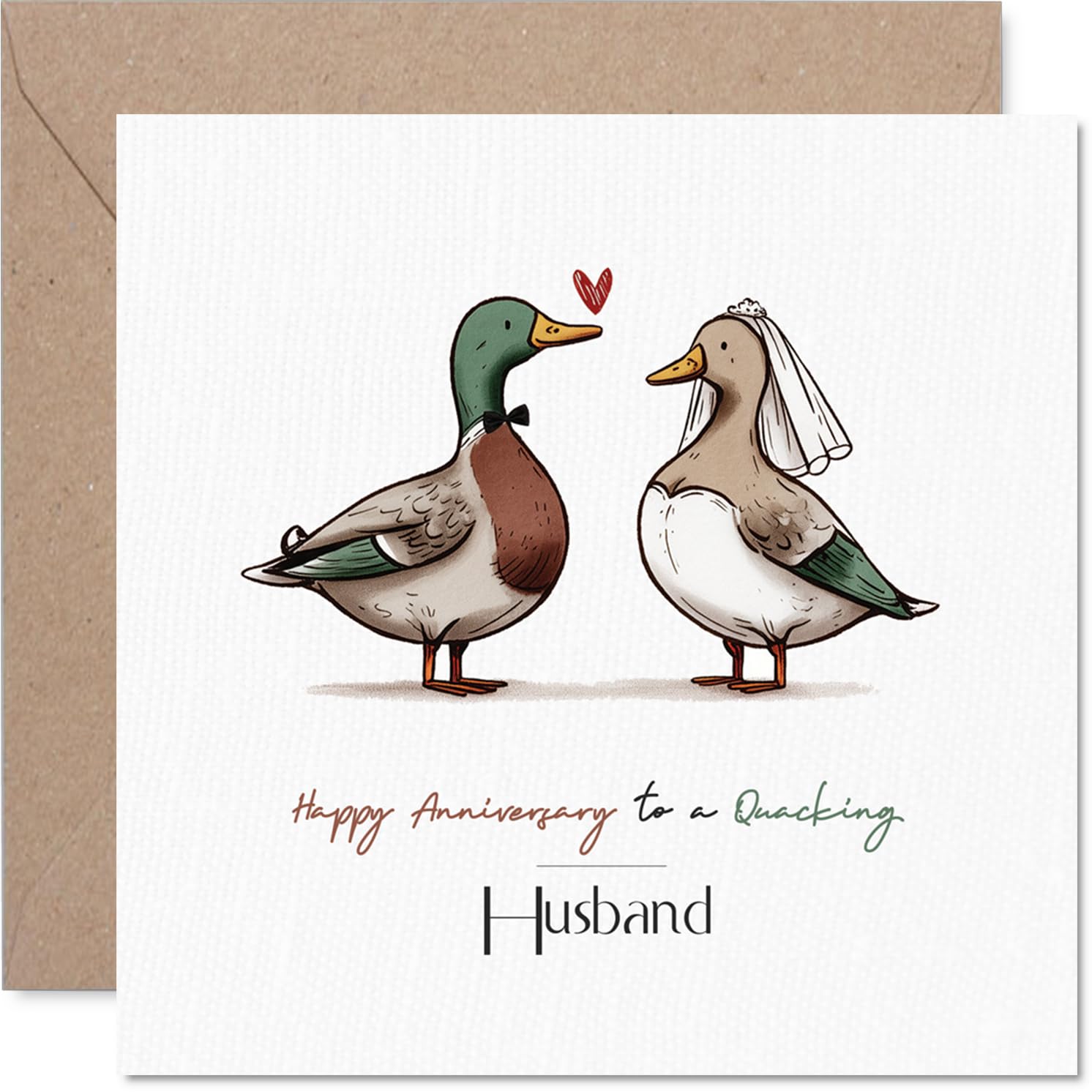 Funny Anniversary Card for Husband - Quack Up Your Anniversary - Cartoon Ducks in Love Motif with Playful Bow Tie and Veil - 145mm Square, Envelope Included