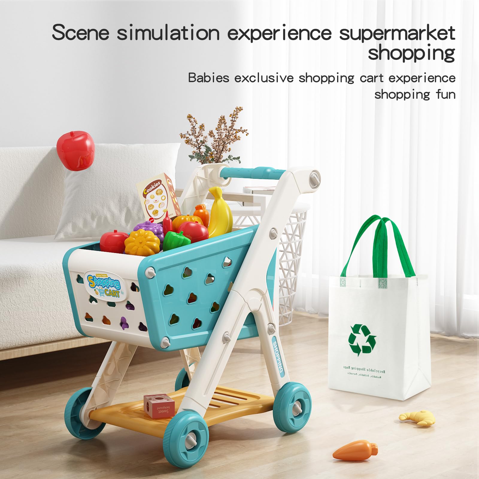 JOVOW Carro Compra Juguetes Infantil, 98 Piezas de Conjunto de Carrito de Compras para Niños con Bolsa de Compras, Conjunto de Juguetes de Cocina y Tienda para Niños y Niñas de 3 Años en Adelante