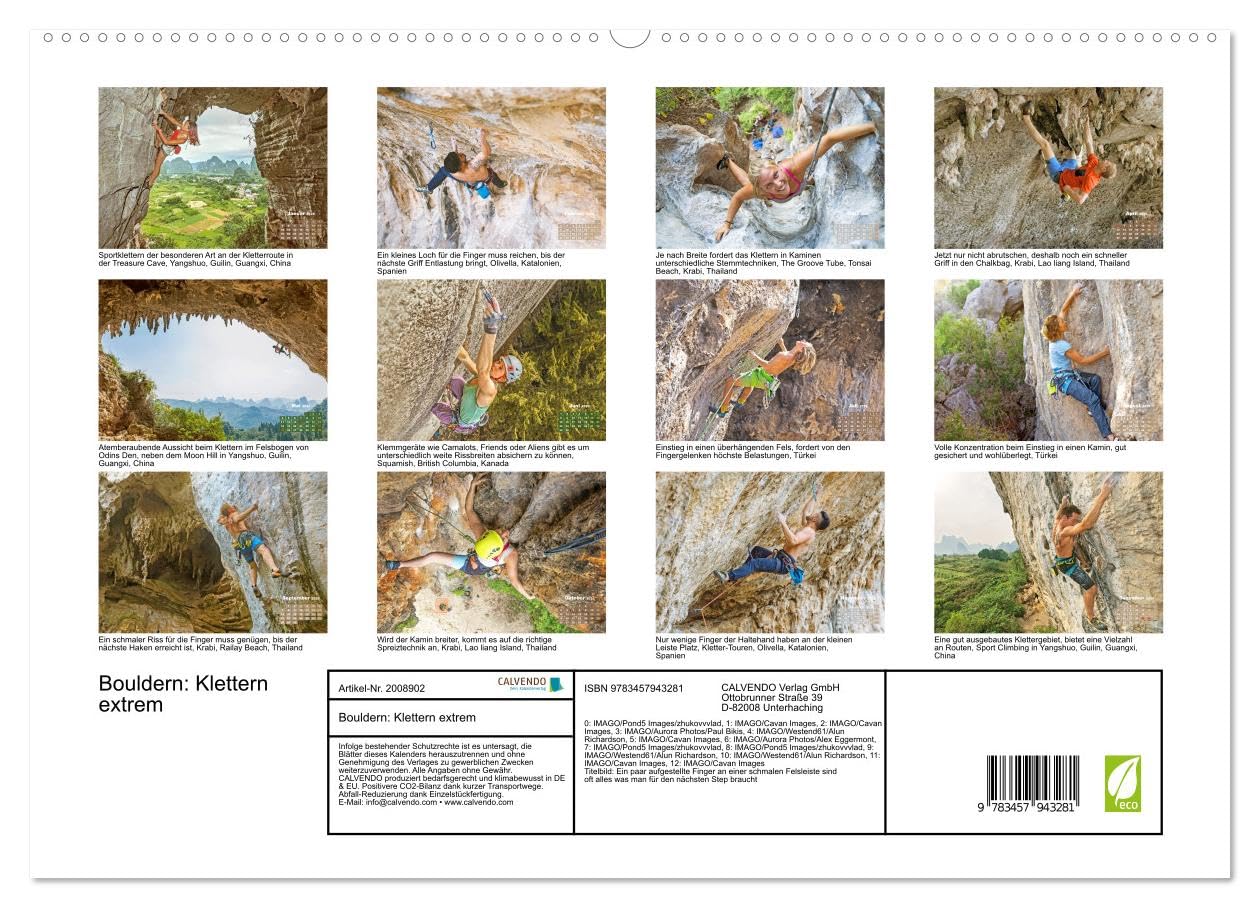Bouldern: Klettern extrem (hochwertiger Premium Wandkalender 2026 DIN A2 quer), Kunstdruck in Hochglanz: Bouldern: Fingerübungen an der Steilwand - Klettern am Limit (CALVENDO Sport)