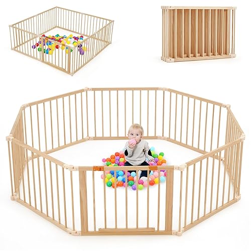 Corralito de madera para bebés de 74 x 74 pulgadas para bebés y niños pequeños, patio de juegos de madera plegable con puerta de seguridad con