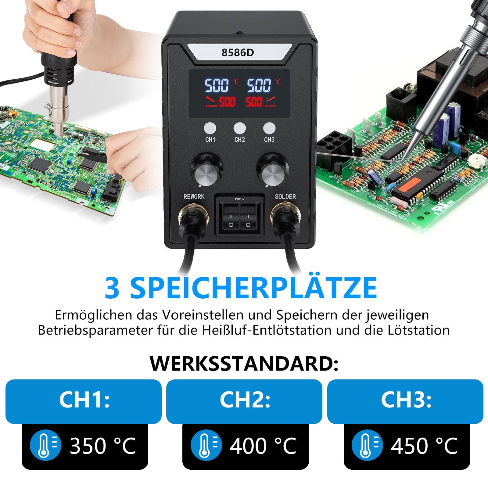 Lötstation, Heißluft Lötstation 2 in 1 Lötkolben Set 60W Soldering Station Entlötstation,Lötkolben 180-500℃,Lötset für Enthält 5 Schweißköpfe 3 Heißgasdüsen 2 Pinzen
