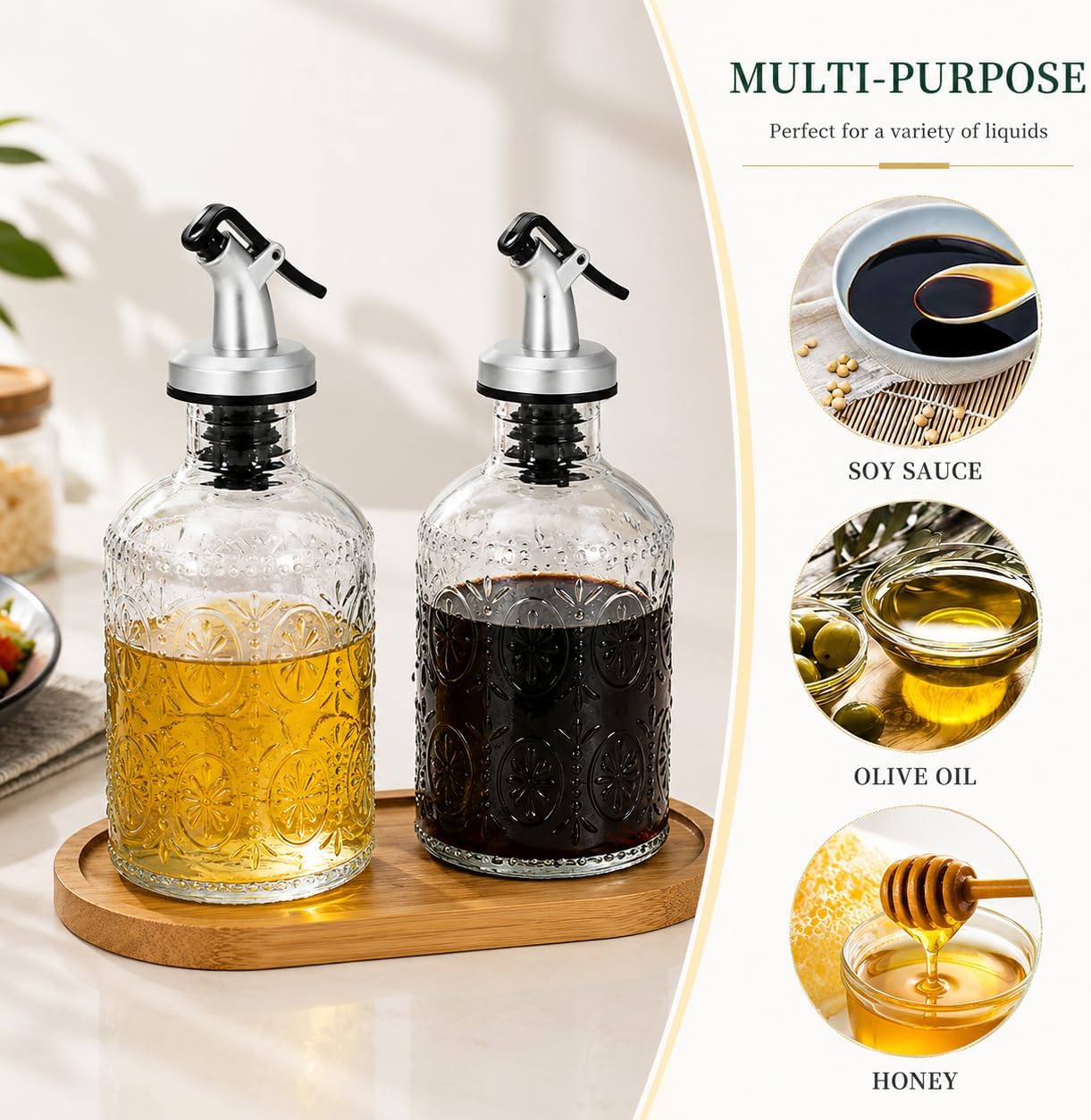 Olive Oil Dispenser Bottle Set, 2 Pack 8.5 oz Glass Oil and Vinegar Dispensers with Wooden Tray and Funnel, Pour Spout Condiment Cruet for Kitchen Cooking, Home Bar & Restaurant