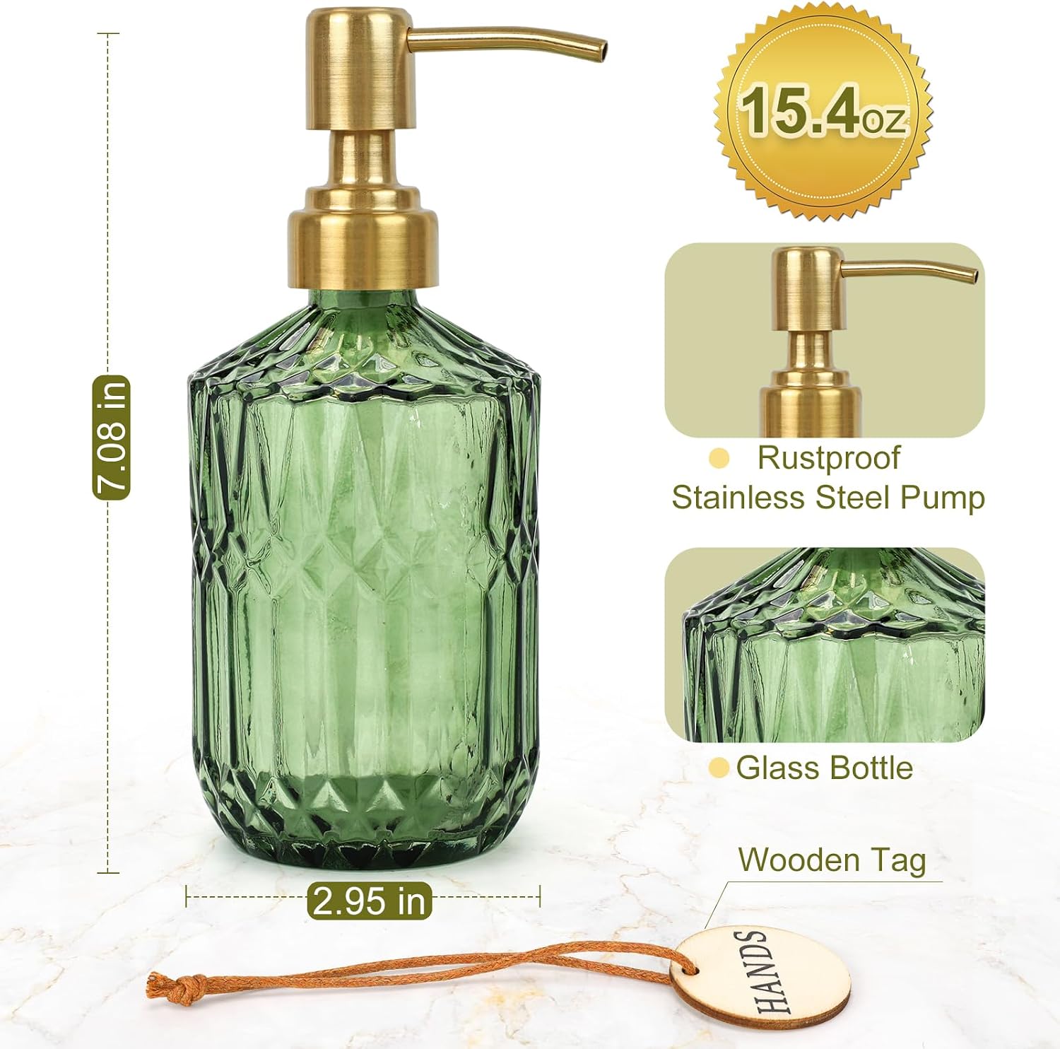 Green Glass Soap Dispenser (15.4 Oz, 2 Pack), Kitchen Hand and Dish Soap Dispenser Set with Golden Rust Proof Pump, Vintage Bathroom Hand Soap Lotion Dispensers
