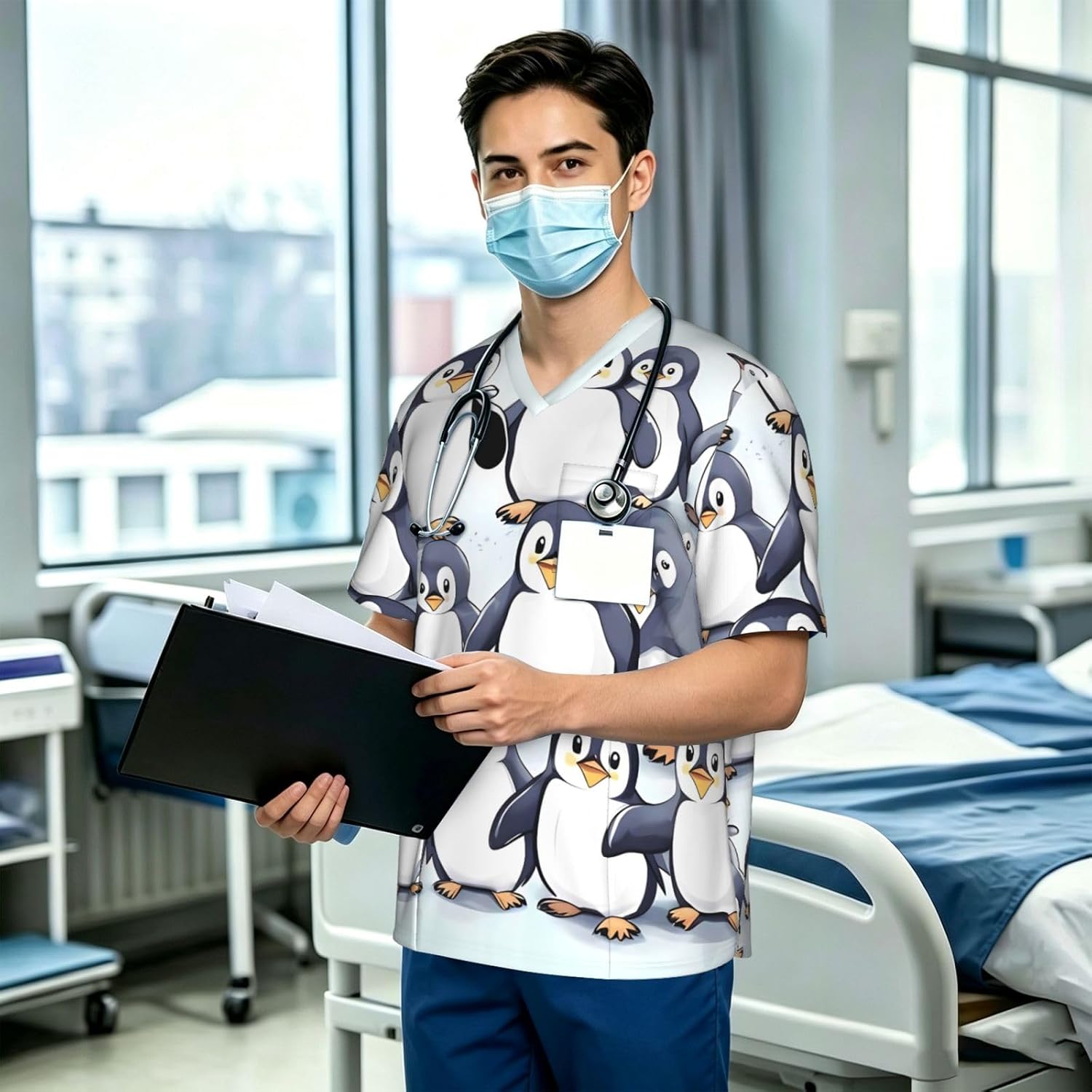 Professional Scrub Tops for Men, Classic V-Neck Workwear with 3 Pockets