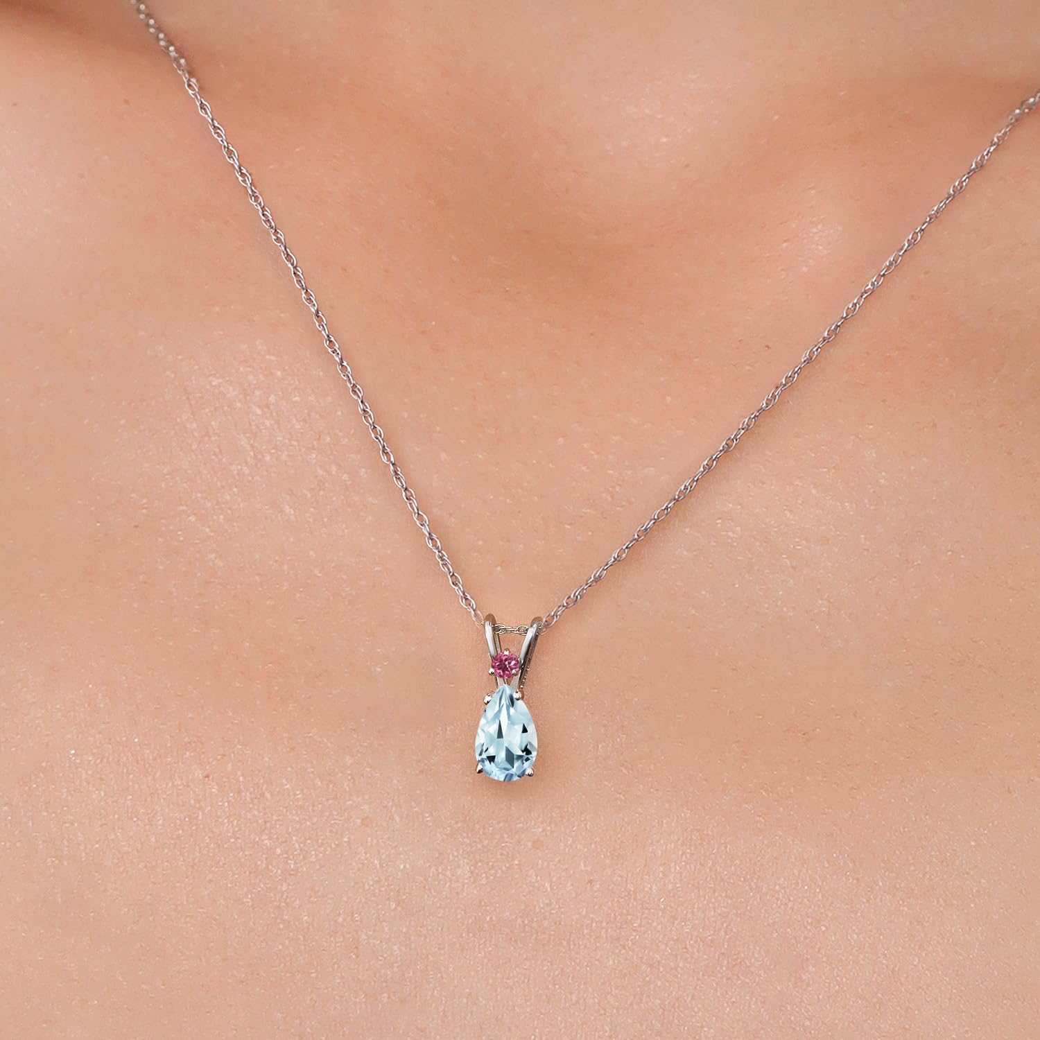 Gem Stone King 14K White Gold Sky Blue Aquamarine and Pink Tourmaline Pendant Necklace for Women | 0.79 Cttw | Gemstone March Birthstone | Pear Shape 8X5MM | With 18 Inch Chain - Image 3