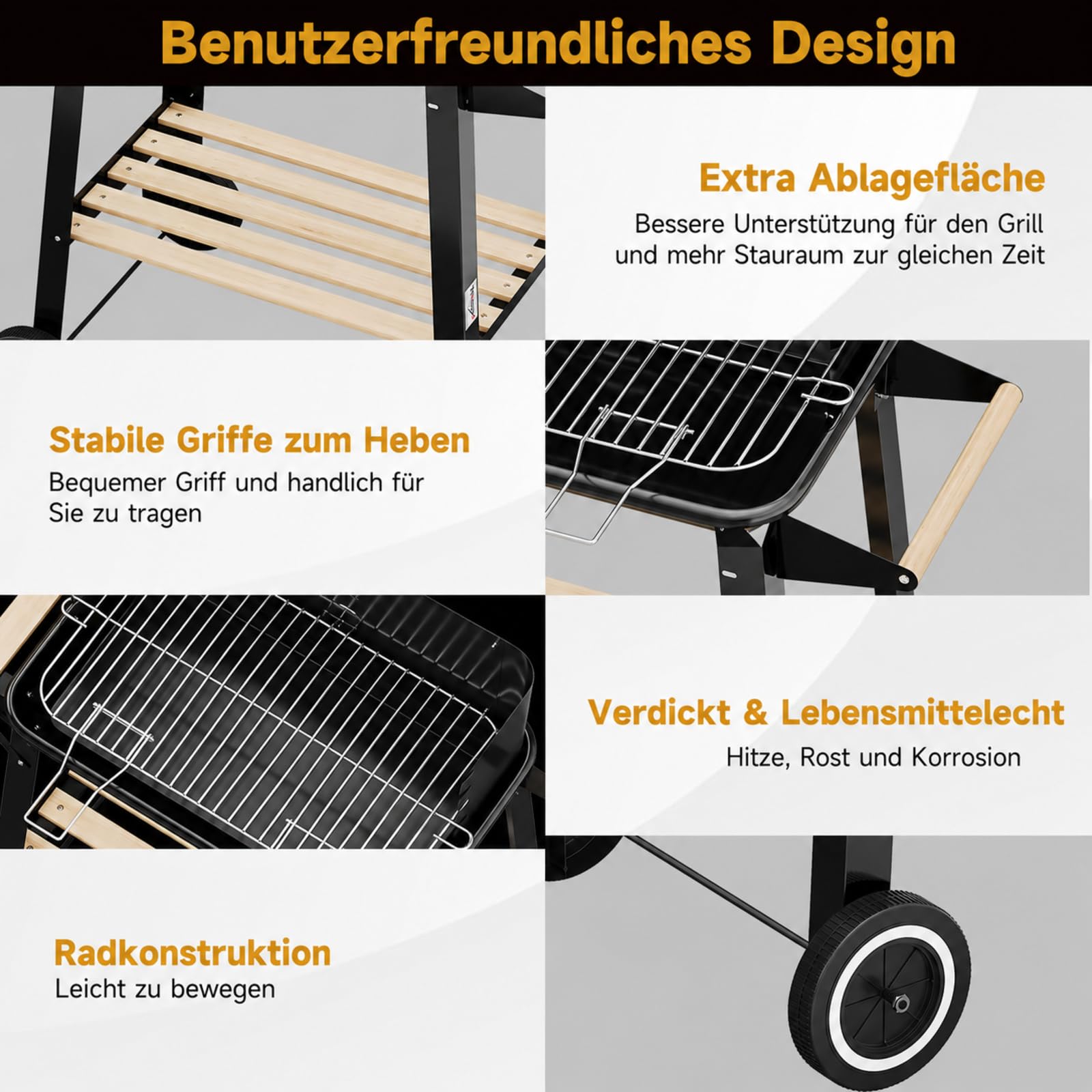 HOMELUX Grill na węgiel drzewny, 84 x 39 x 97 cm, grill stojący, ruszt do grillowania z kółkami i półką na drewno, idealny na piknik, do ogrodu, na kemping