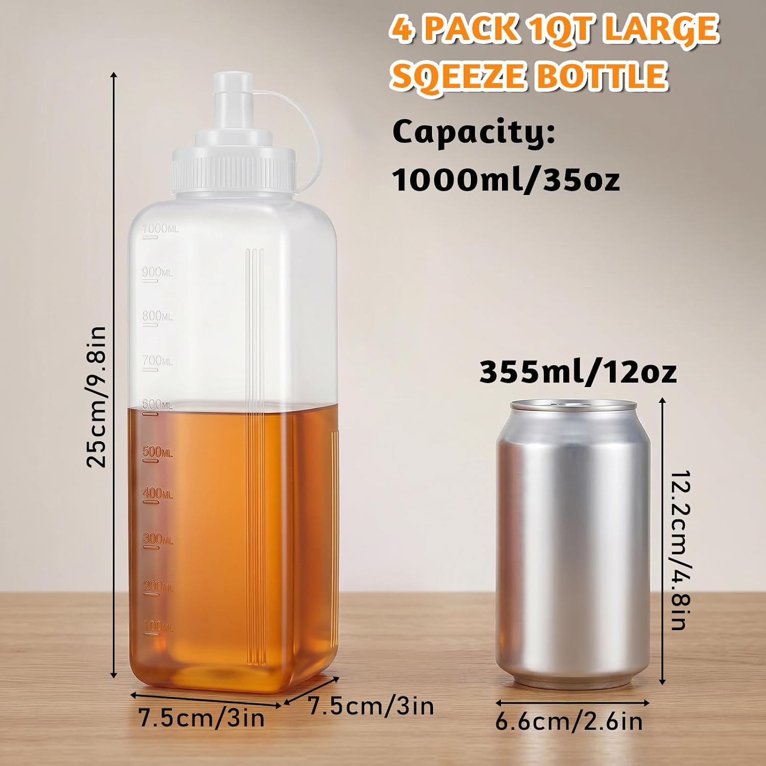 4 Pack 1 QT Large Condiment Squeeze Bottle for Sauces, 34oz