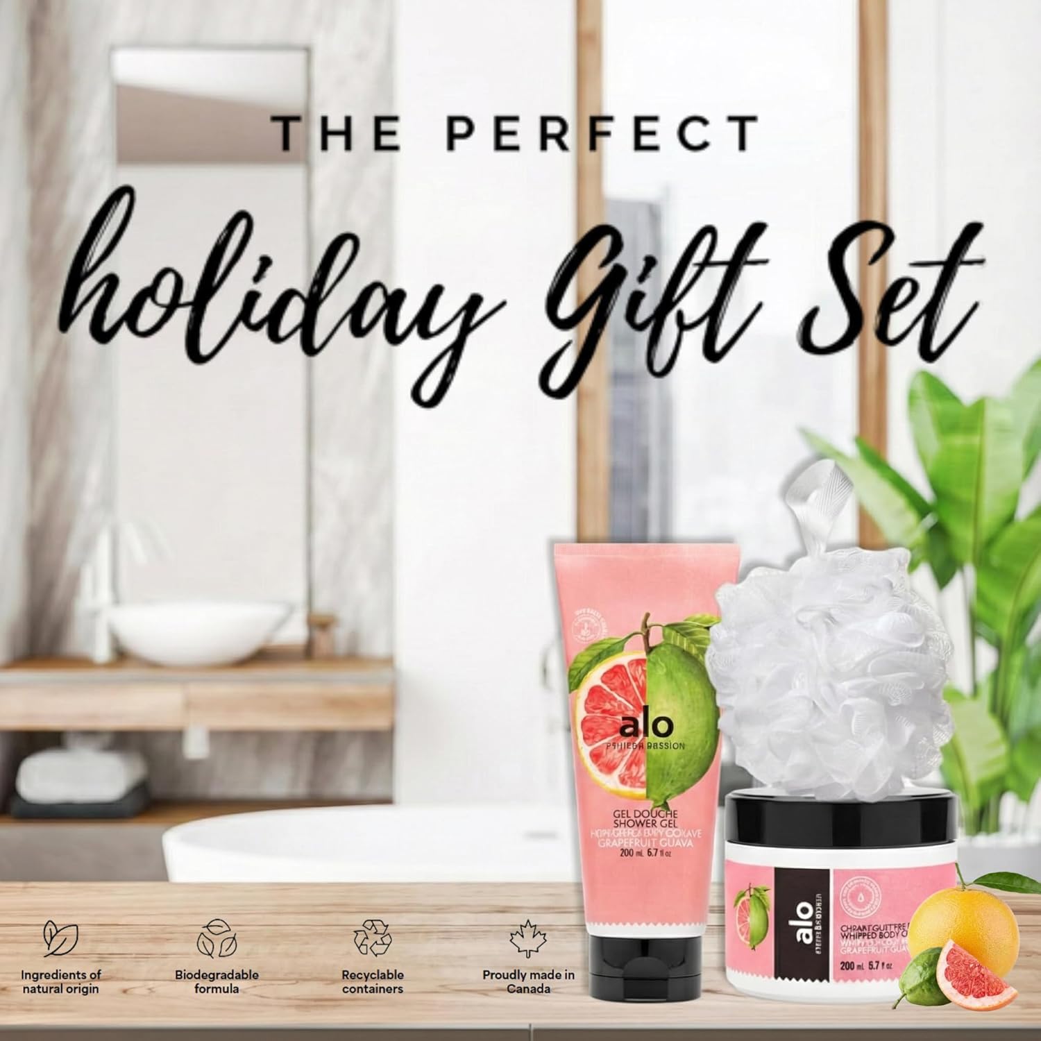 Cucina Fruits & Passion Alo Grapefruit Guava Body Care Gift Set - Shower Gel (200ml), Whipped Body Cream (200ml), White Shower Puff - Perfect Holiday Gift