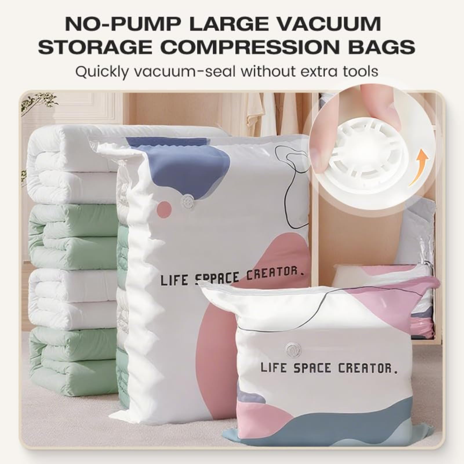 Bolsas de almacenamiento al vacío para ropa y ropa de cama, bolsas de almacenamiento de compresión con válvula de aire reutilizables (grande, 6 piezas)