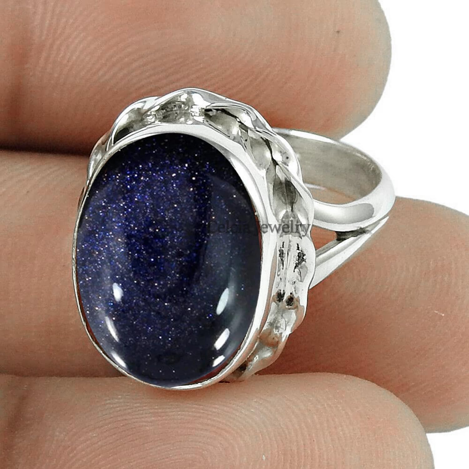 Echter ovaler Ring mit blauem Sonnenstein, Statement-Ring aus reinem 925er Sterlingsilber, entzückender Ring, zarter Ring, Solitärring, Hochzeitsgeschenk für Frauen (blauer Sonnenstein, Größe 11,75)