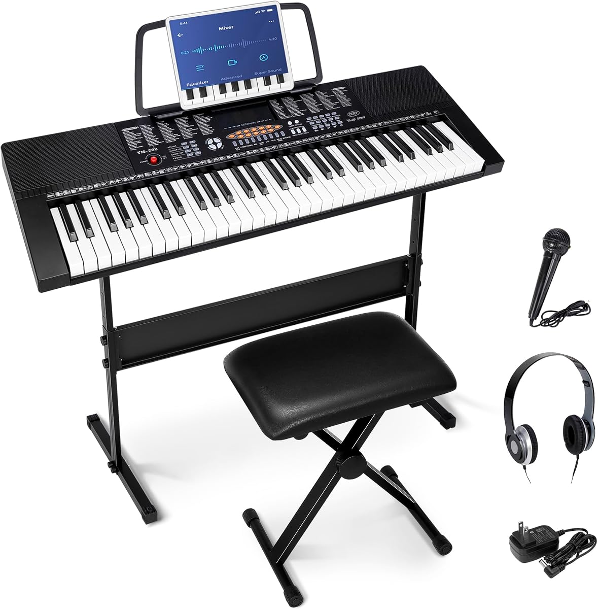 61-Key Electronic Keyboard Piano Stand Portable LED Display Keyboard Kit with Adjustable Stand, Adjustable Stool, Headphones, Microphone & Music Rest