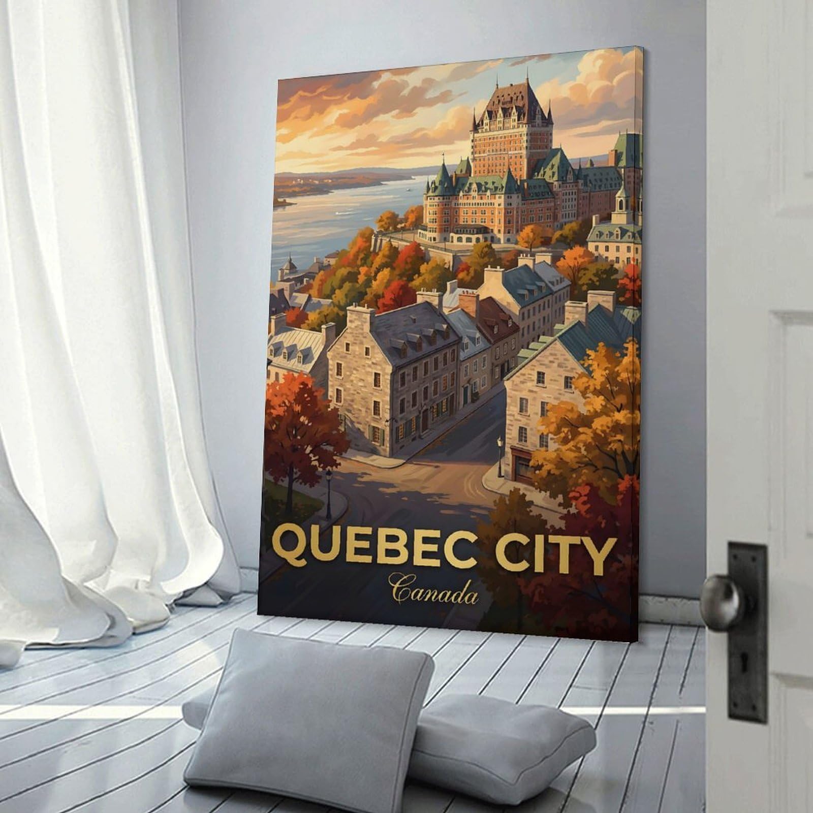 Junmoney Quebec City Autumn View Decorative Canvas Print 16x24inch(40x60cm), for Flats, Guest Rooms Or Compact Rooms, Home Artwork for Modern Interiors