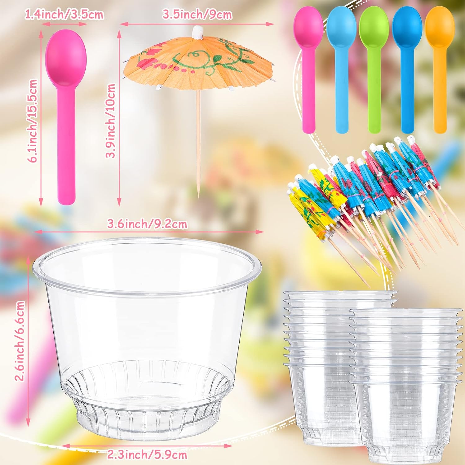 Tessco 50 Set Ice Cream Sundae Kit Plastic Ice Cream Cups Spoons and Paper Umbrellas 8 oz Disposable Dessert Bowls for Summer Party Supplies