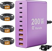 Vista 9 de Estación de carga USB C de 10 puertos con 4 cables USB, bloque de cargador GaN tipo C de 200W, adaptador de enchufe de regleta de alimentación