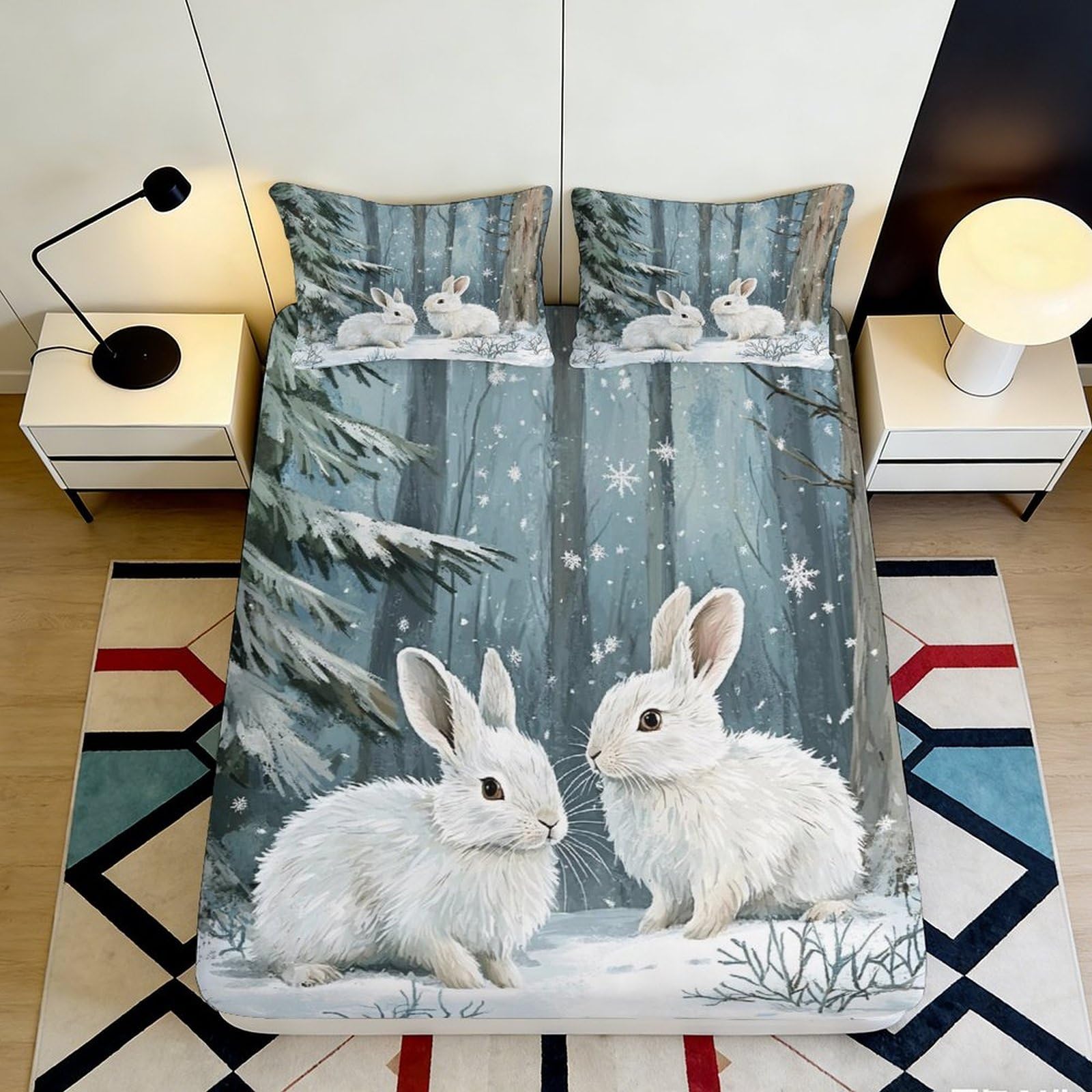 3D Printed Snow Rabbit Fitted Sheet Microfiber Soft Breathable Forest Winter Mattress Cover for Bedroom Dorm Decor 90x200x25cm