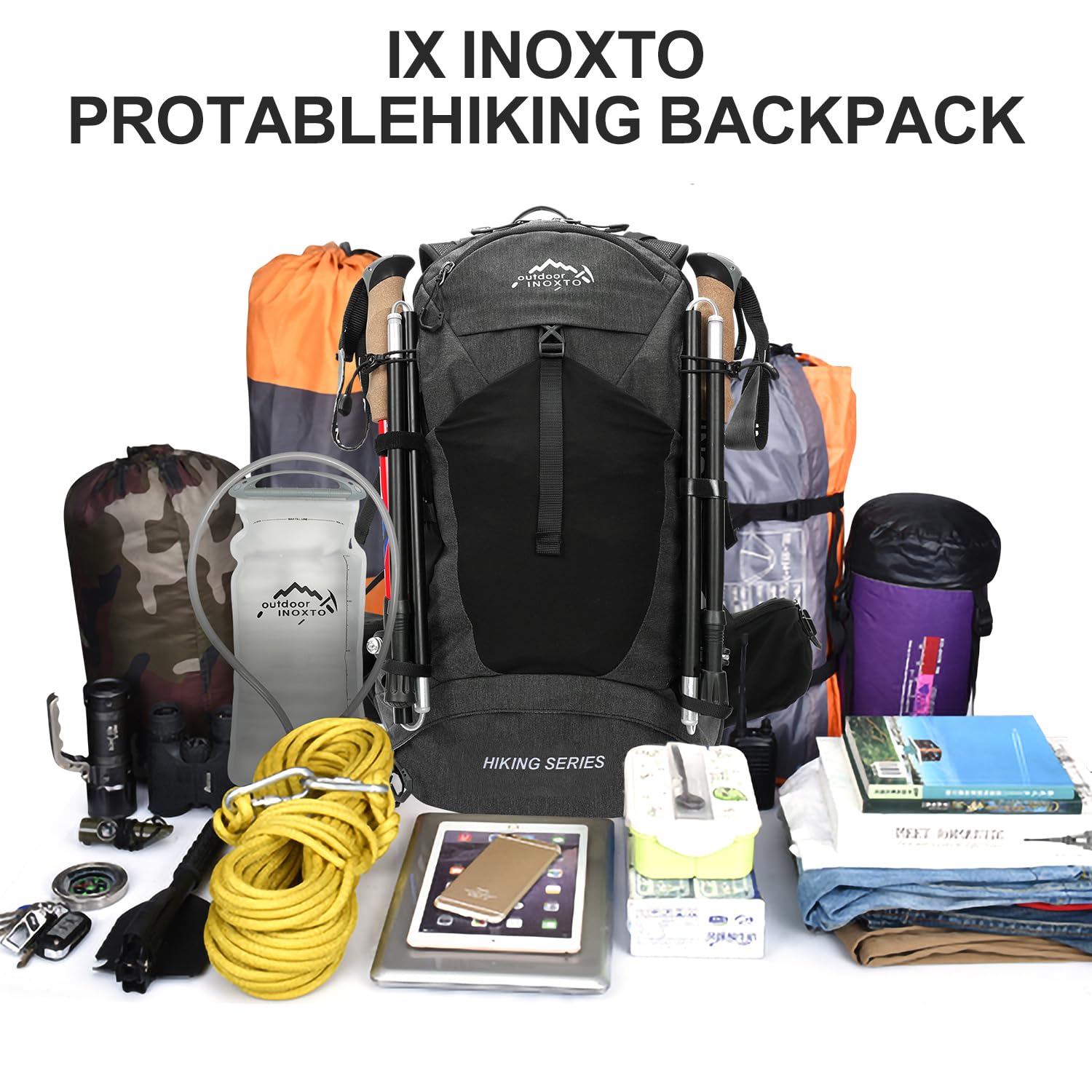 IX INOXTO Sac à dos de randonnée, sac à dos de randonnée imperméable de 35 l avec poche d'eau de 3 L et housse de pluie, léger pour voyage et camping