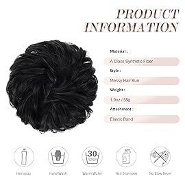 FESHFEN Large Jet Black Synthetic Fiber Messy Bun Hair Piece, 1.94 oz