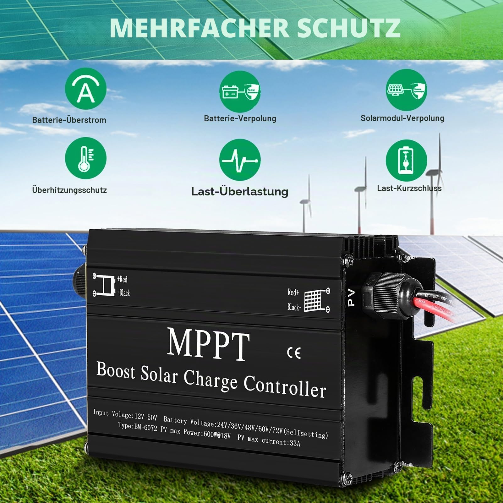 Jadeshay MPPT Boost Solarladeregler, Solarladeregler MPPT Boost Solar Charge Controller 400W 24V 36V 48V 60V 72V Spannungsregler für Elektrofahrzeuge