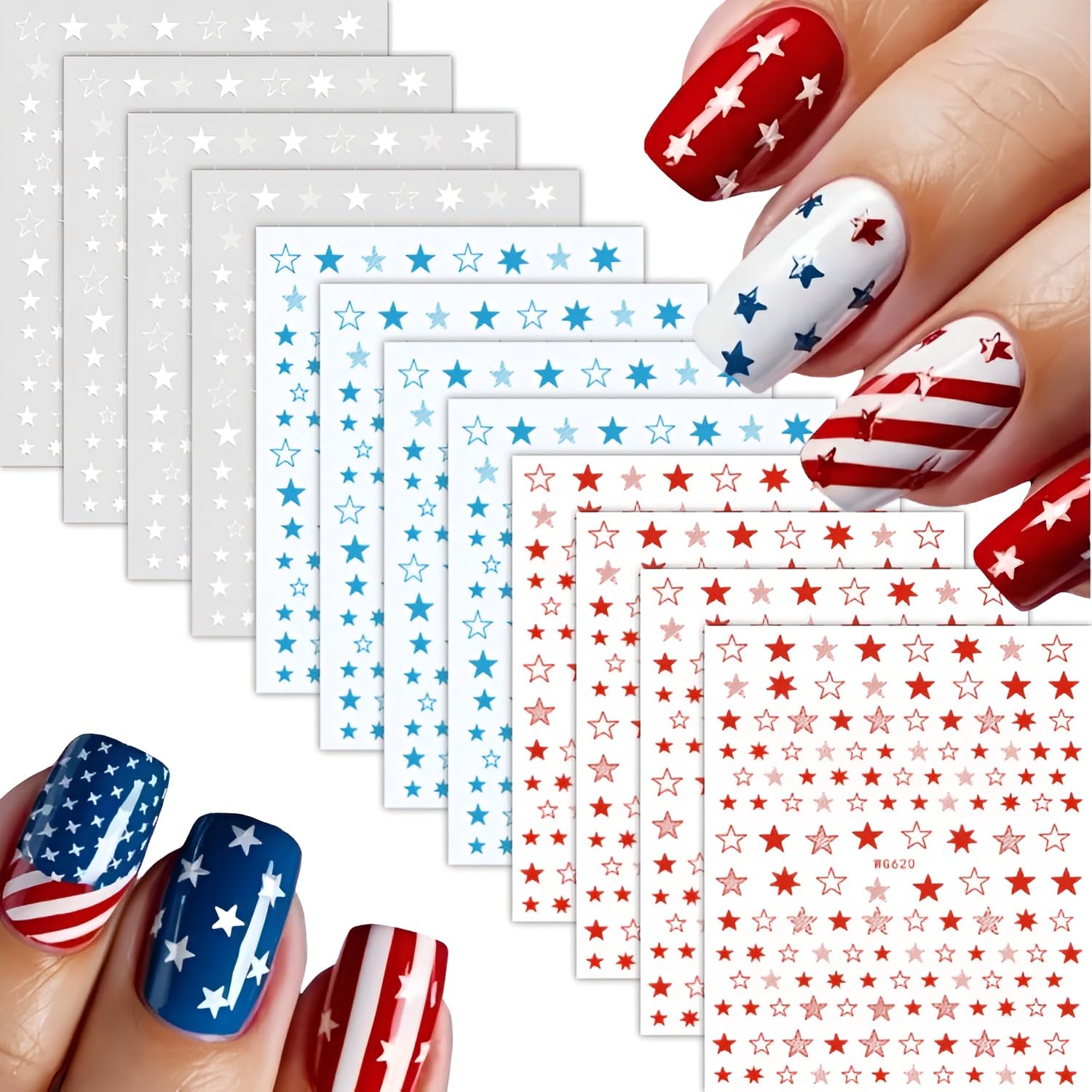 12 Sheets White Blue Red Star Nail Art Stickers 3D Self Adhesive 4th of July Nail Stickers for Nail Art Independence Day Nail Decals Star Nail