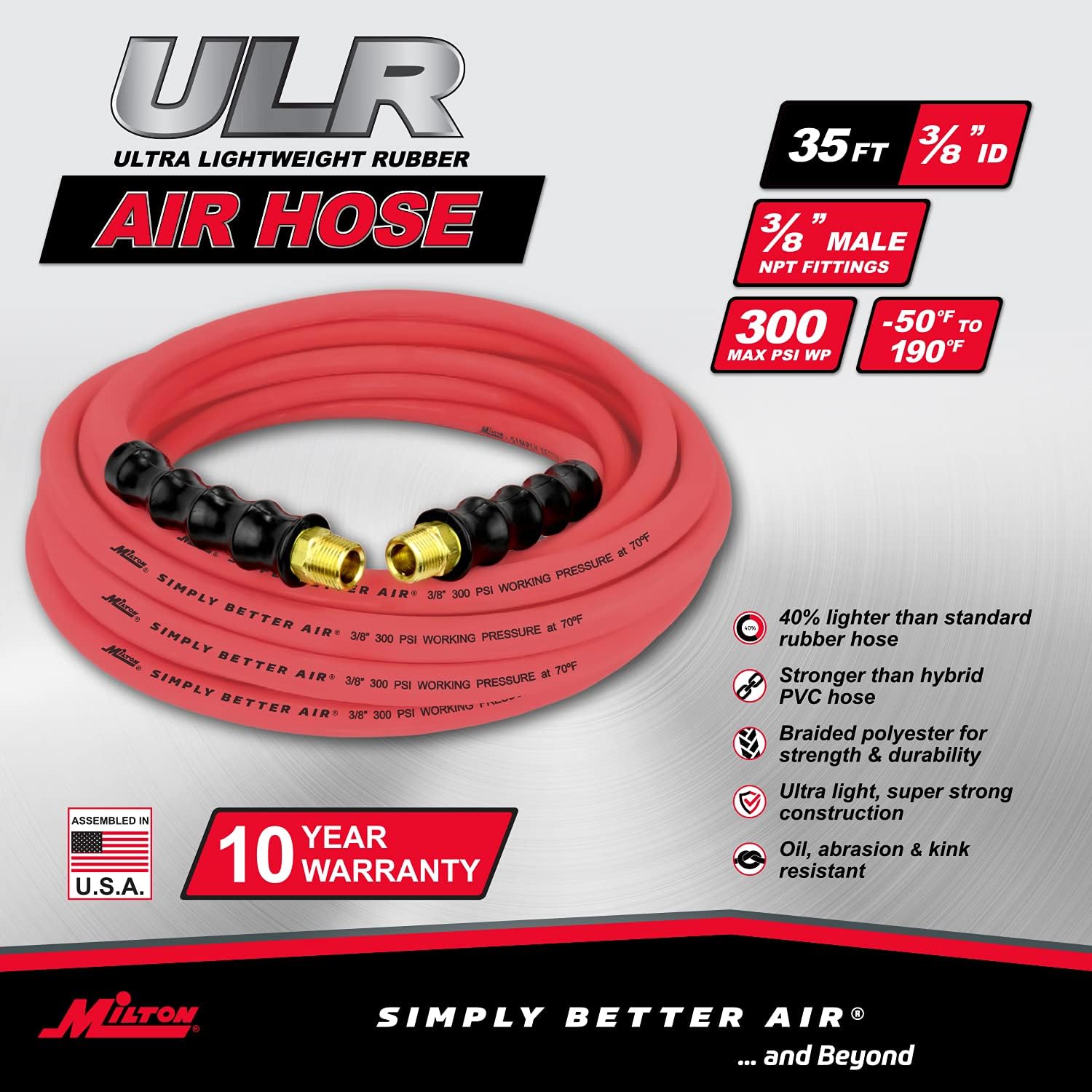 Milton ULR383538: 3/8" X 35' Ultra Lightweight Rubber Hose (W/ 3/8" Npt Ends)