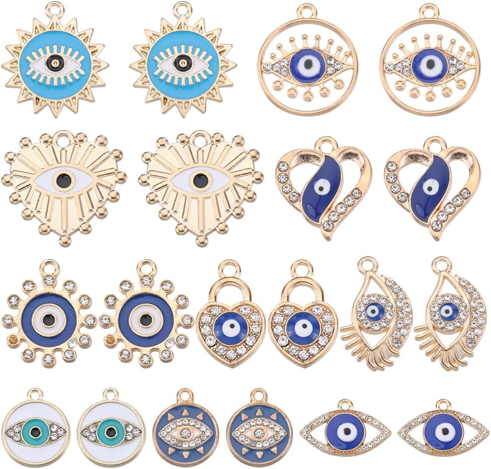 SUNNYCLUE 1 Box 40Pcs Rhinestone Evil Eye Charm Blue Enamel Golden Evil Eye Charms Bulk Micro Pave Cubic Zirconia Eyes Charm Flat Round Heart Lock Charms for Jewelry Making Charms DIY Craft Supplies