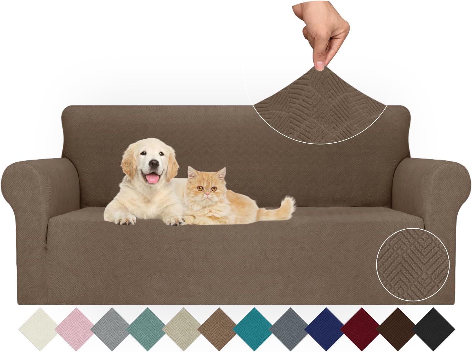 JIVINER Stretch Sofa Covers 1 Piece Couch Covers for 3 Cushion Couch Sofa, 3 Seater Sofa Slipcovers Furniture Protector with Elastic Bottom for Kids, Pets (Brown, Sofa)
