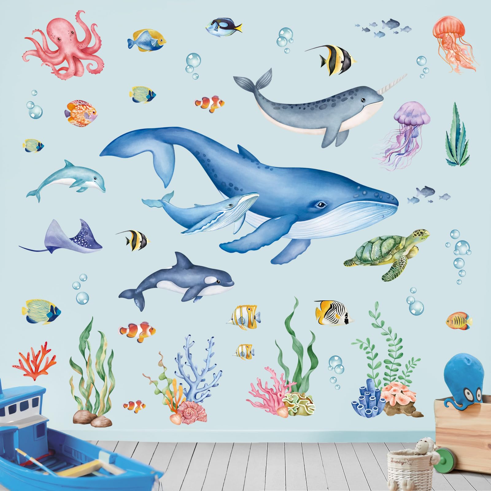 wondever Under The Sea Wall Stickers Ocean Fish Whale Seaweed Peel and Stick Wall Art Decals for Kids Bedroom Baby Nursery Bathroom - Image 2