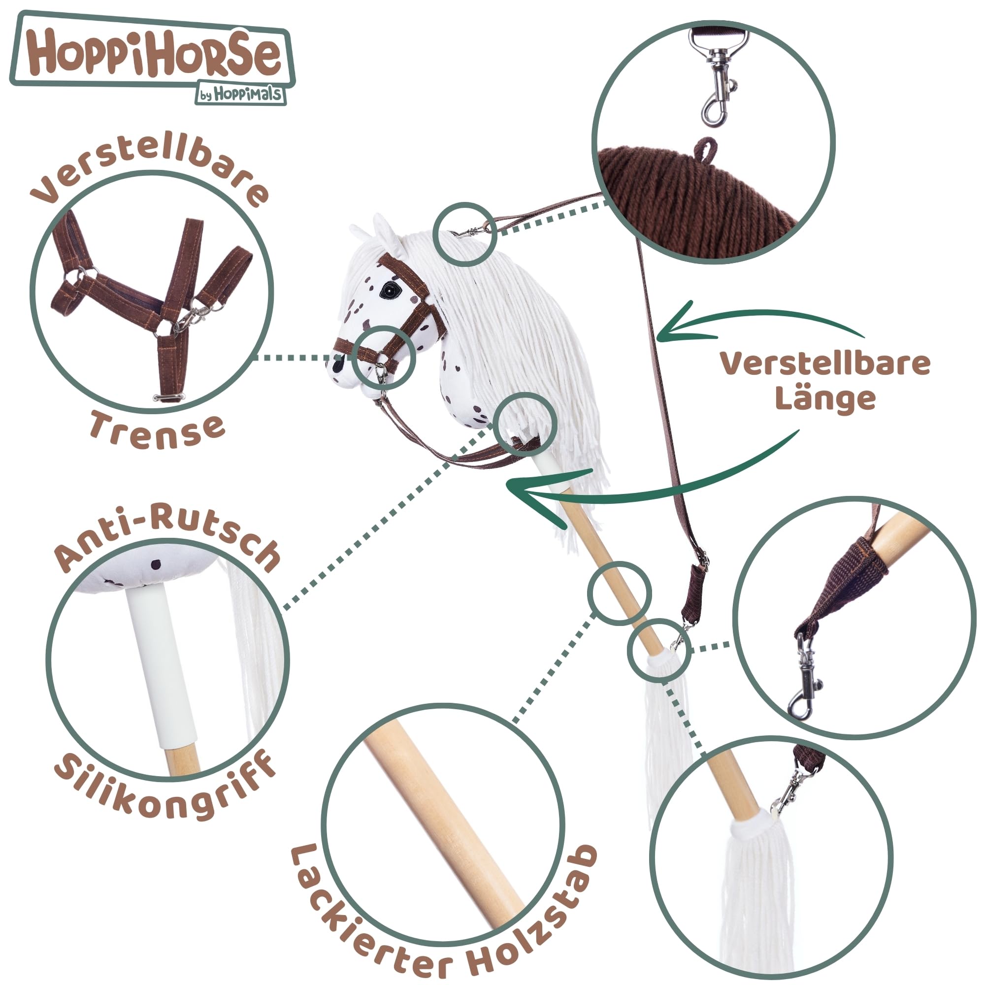 HOPPIHORSE Steckenpferd mit Trense - A3 - Hobby Horse mit Zügeln, Schultergurt, Schweif - hochwertiges Plüsch mit Langer Mähne - Silikongriff für besseren Halt - mit Geschenkverpackung