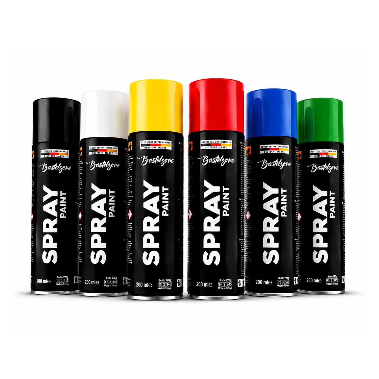Zestaw farb w sprayu, 6 kolorów, 200 ml, każda szybkoschnąca puszka w sprayu graffiti do drewna, kamienia, metalu, szkła, czarny, biały, niebieski, zielony, czerwony, żółty