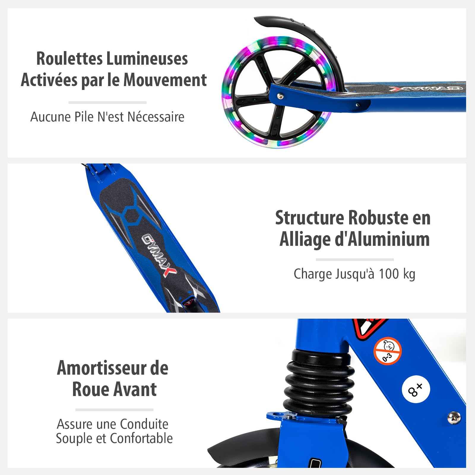 COSTWAY Trottinette Enfant Pliable avec 2 Roues Clignotantes & 3 Hauteurs Réglables, Trottinette Freestyle avec Béquille & Frein à Pied & Sangle, Charge Max 100KG pour Adultes Adolescents, 8 Ans+