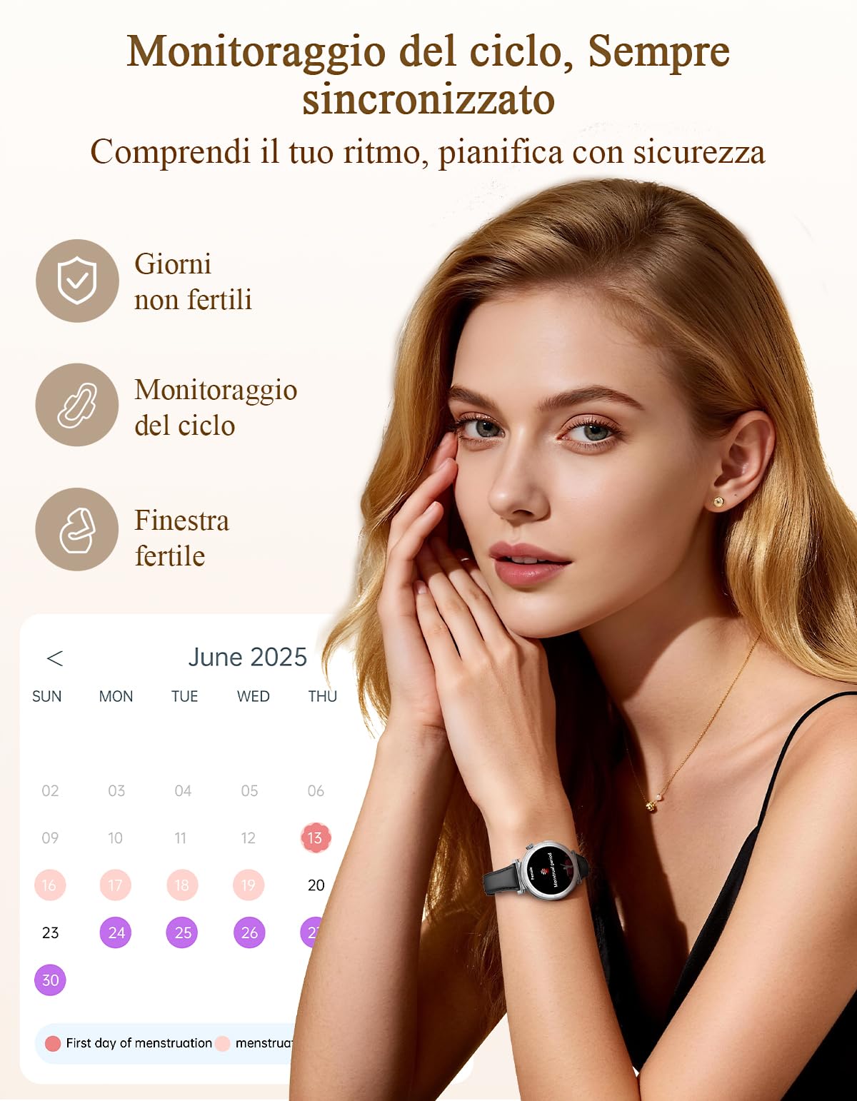 Smartwatch Donna - Elegante in Piccolo con Display AMOLED 1,19" Cinturino in Pelle Sottile, Orologio Fitness con Contapassi, Cardiofrequenzimetro/SpO2/Sonno per iOS/Android, Argento/Nero