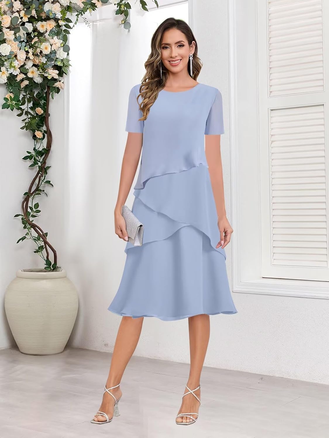 Tea Length Mother of The Bride Dresses for Women Chiffon Ruffle Formal Dress for Wedding - Image 3